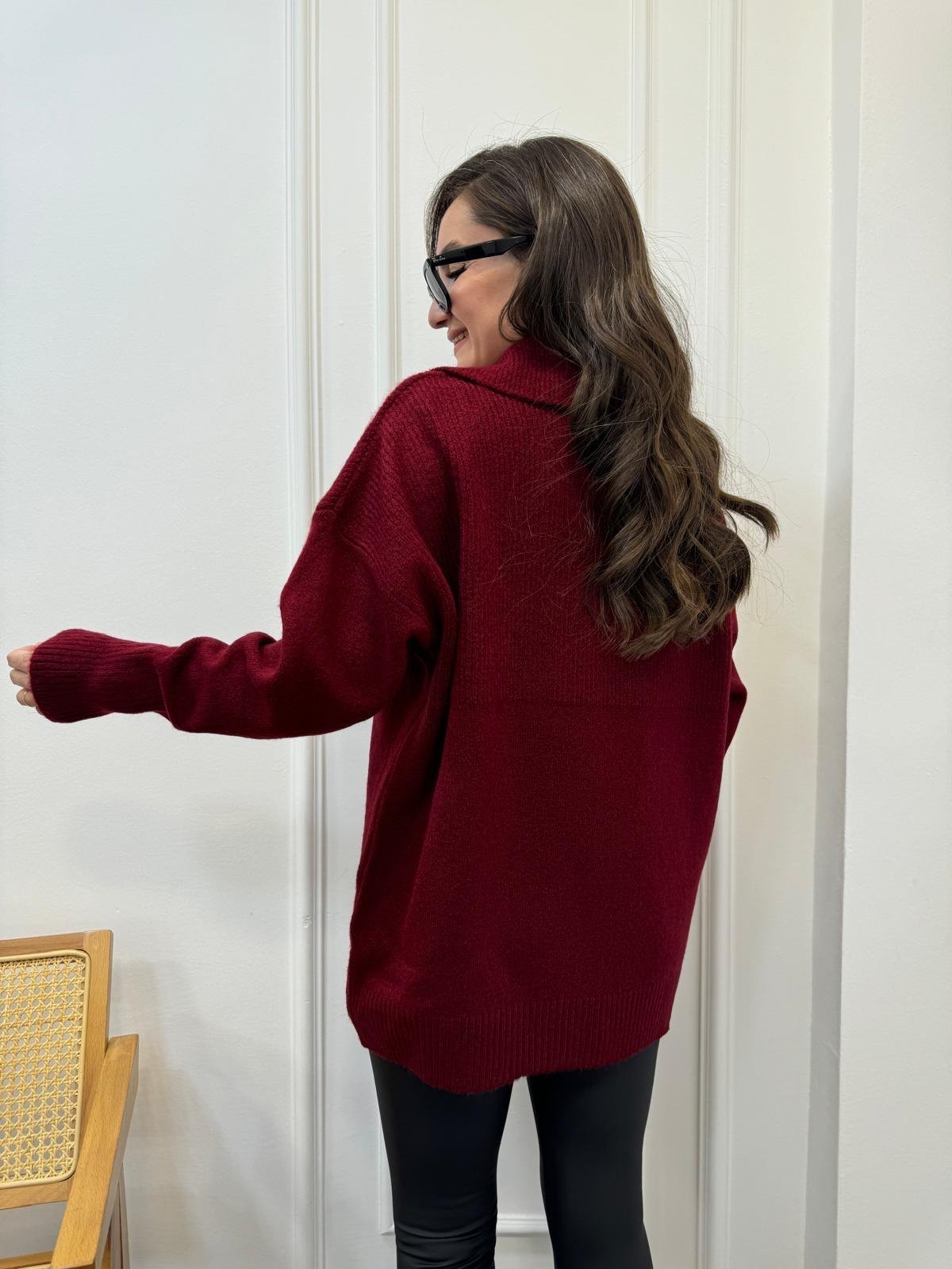 Bordo Polo Yaka Gold Düğme Detaylı Triko Kazak 22733