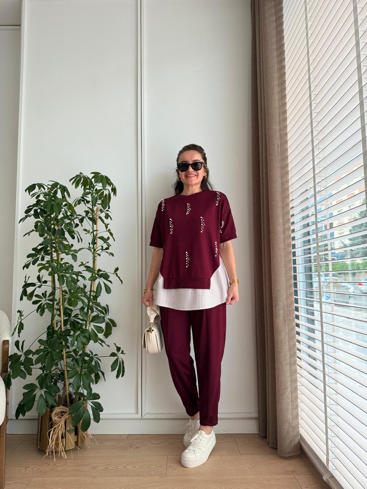 Bordo Poplin Detaylı İncili Takım 2235