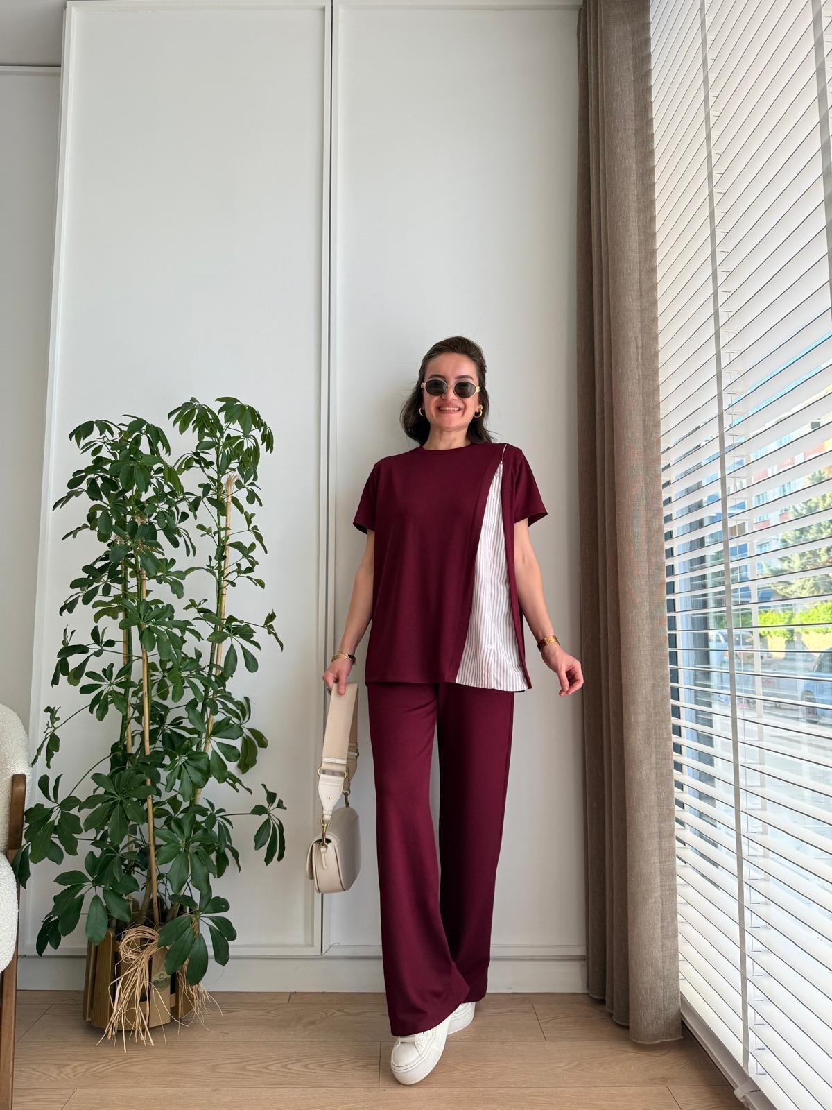 Bordo Poplin Düğme Detaylı Takım 2222
