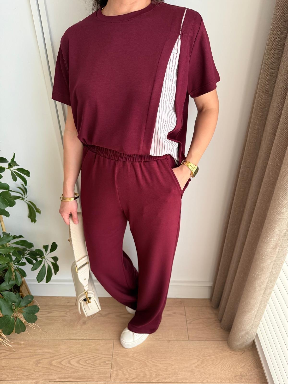 Bordo Poplin Düğme Detaylı Takım 2222