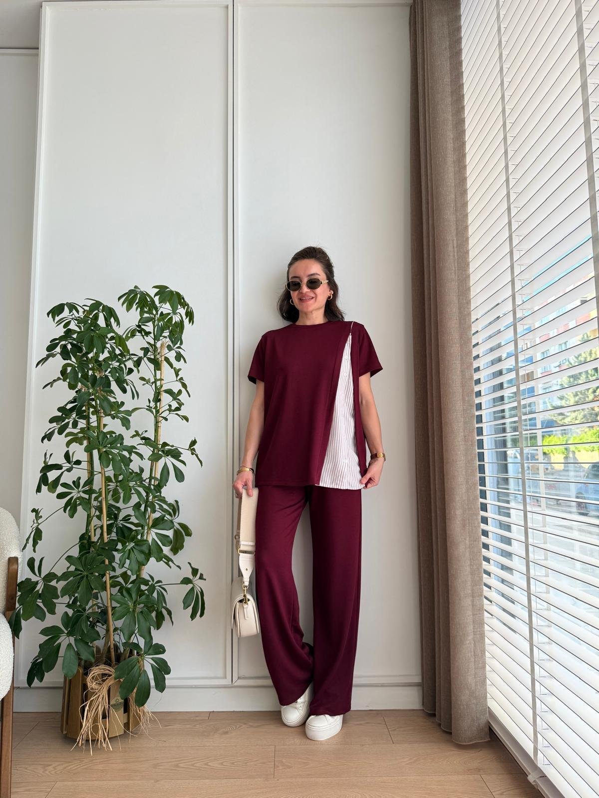 Bordo Poplin Düğme Detaylı Takım 2222