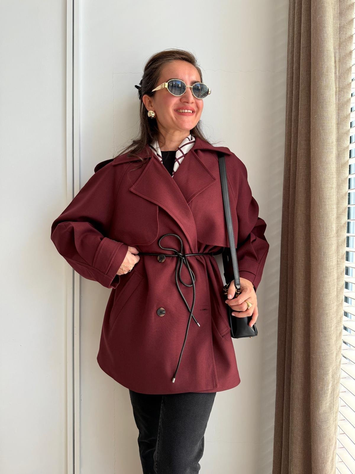 Bordo Premium Seri Allerli Kısa Trençkot 7488