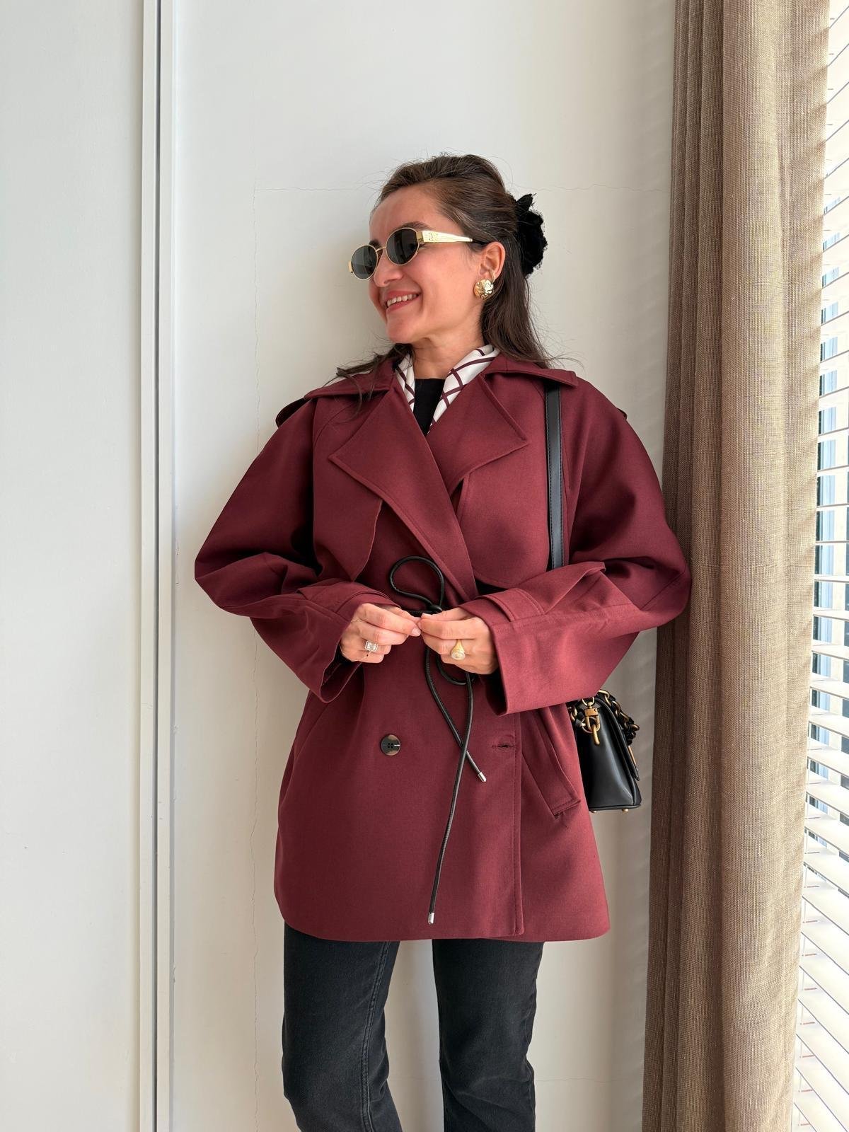 Bordo Premium Seri Allerli Kısa Trençkot 7488