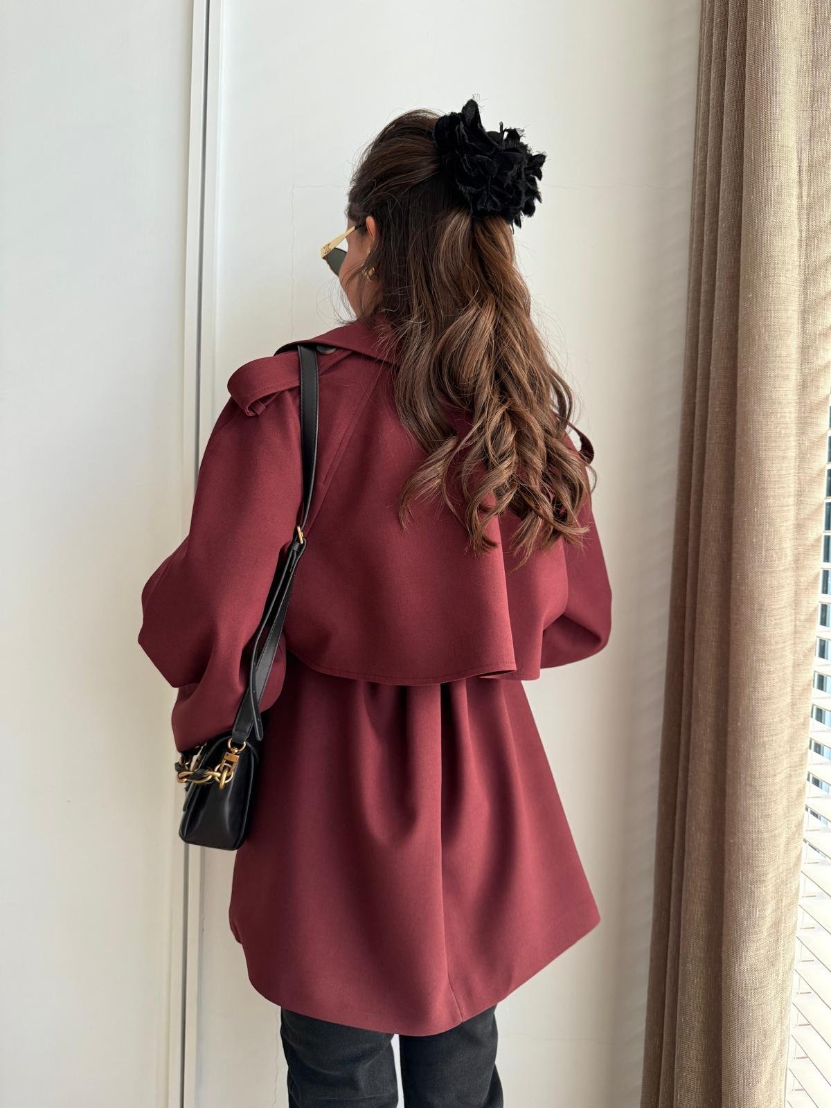 Bordo Premium Seri Allerli Kısa Trençkot 7488