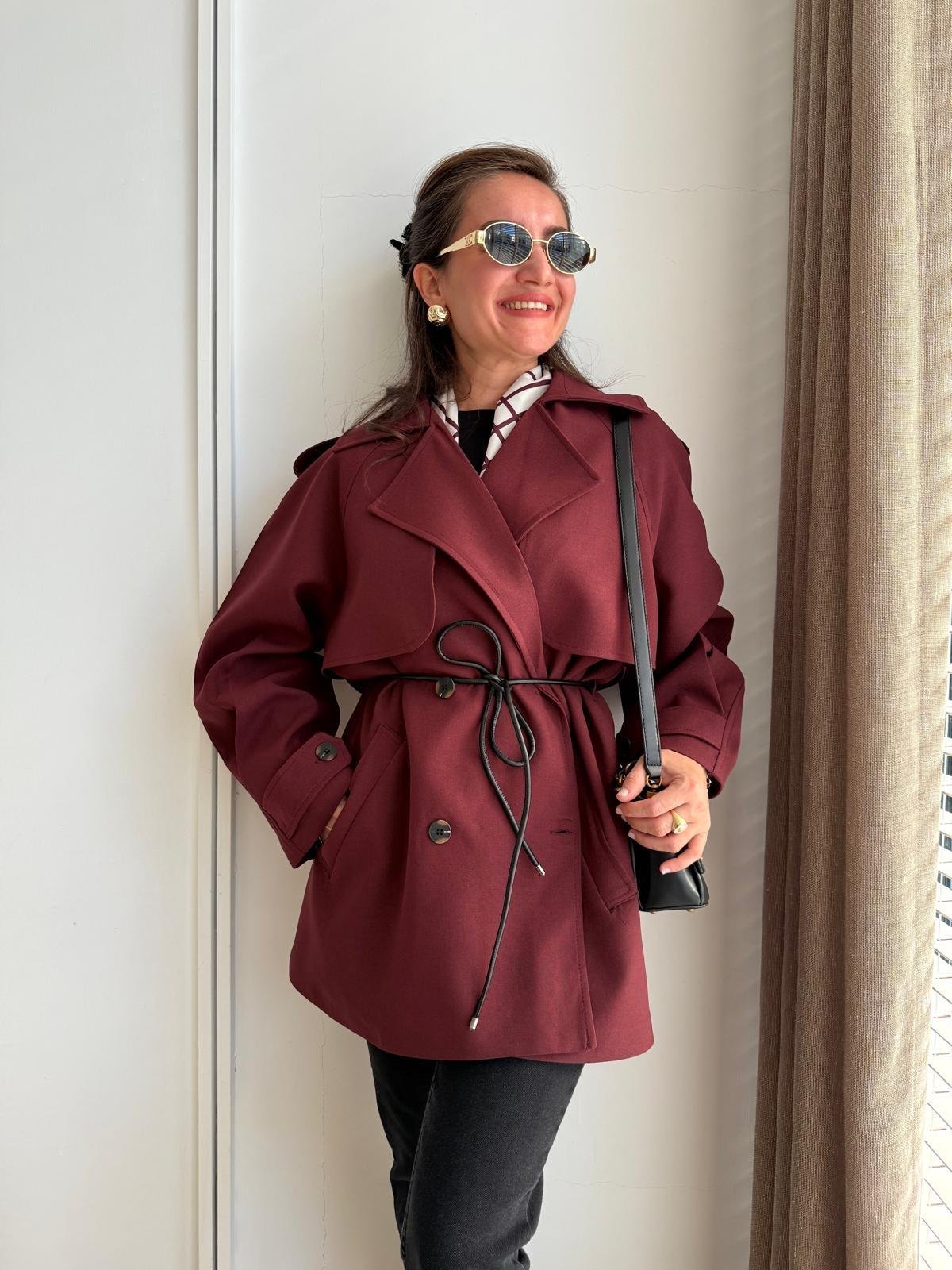 Bordo Premium Seri Allerli Kısa Trençkot 7488