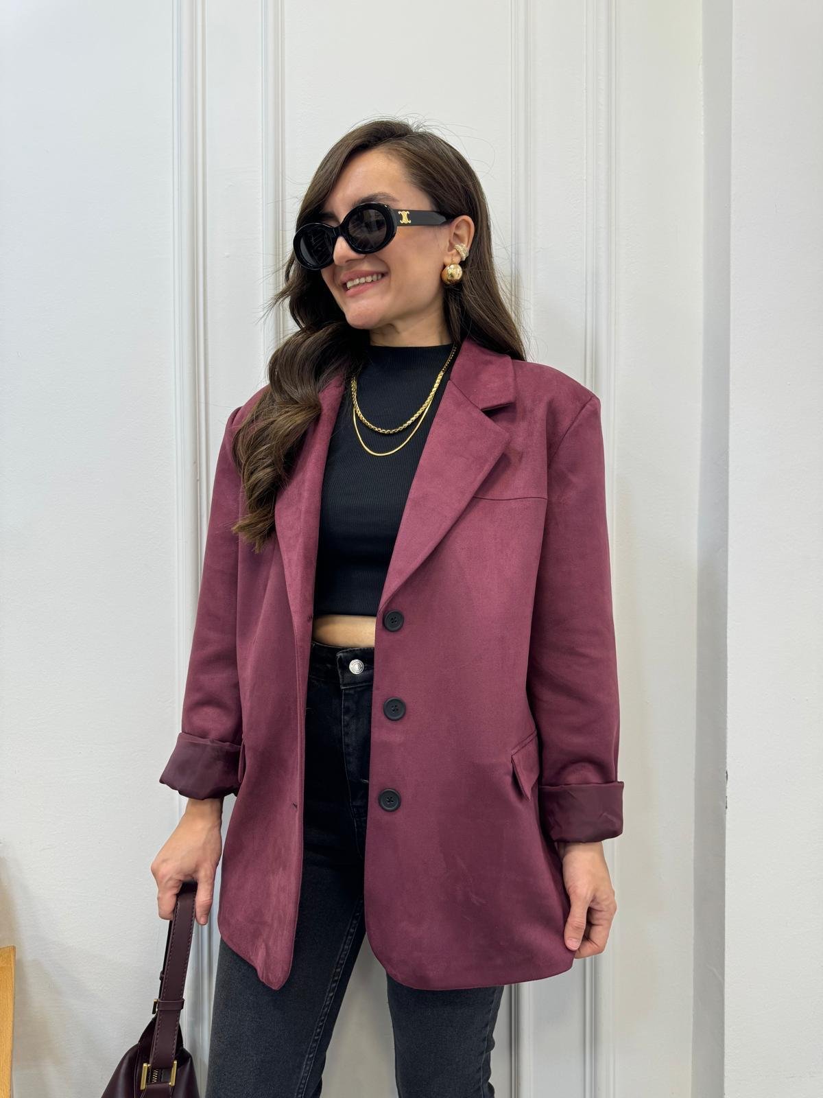 Bordo Premium Seri Çift Cepli Süet Blazer Ceket 2509