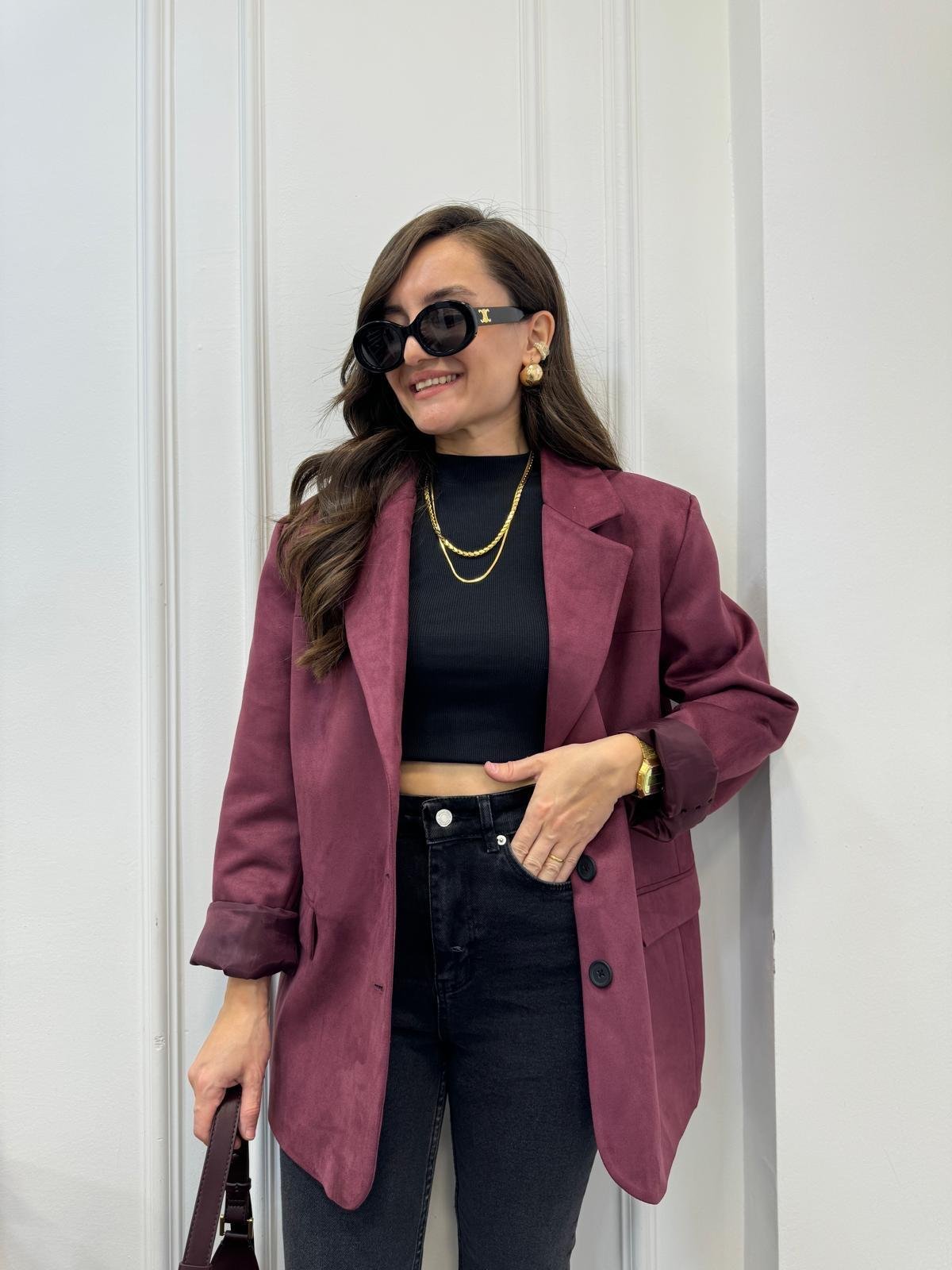 Bordo Premium Seri Çift Cepli Süet Blazer Ceket 2509