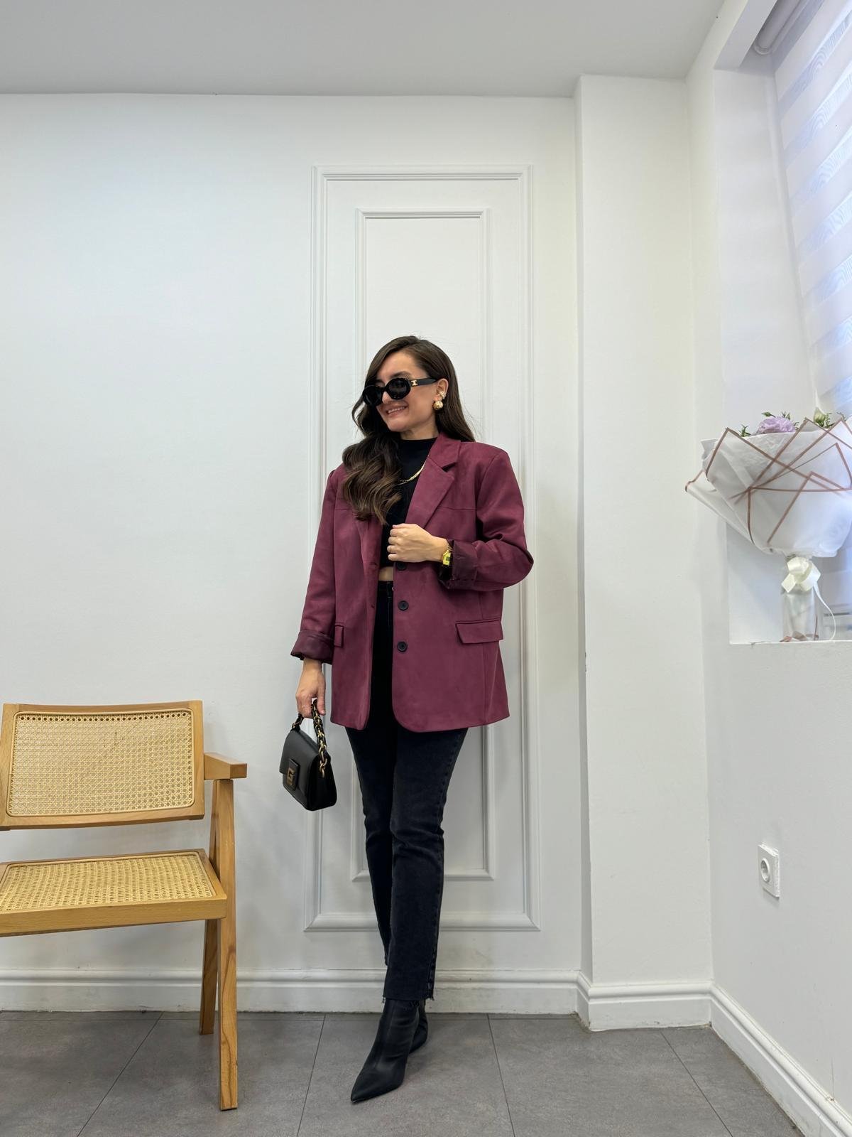 Bordo Premium Seri Çift Cepli Süet Blazer Ceket 2509