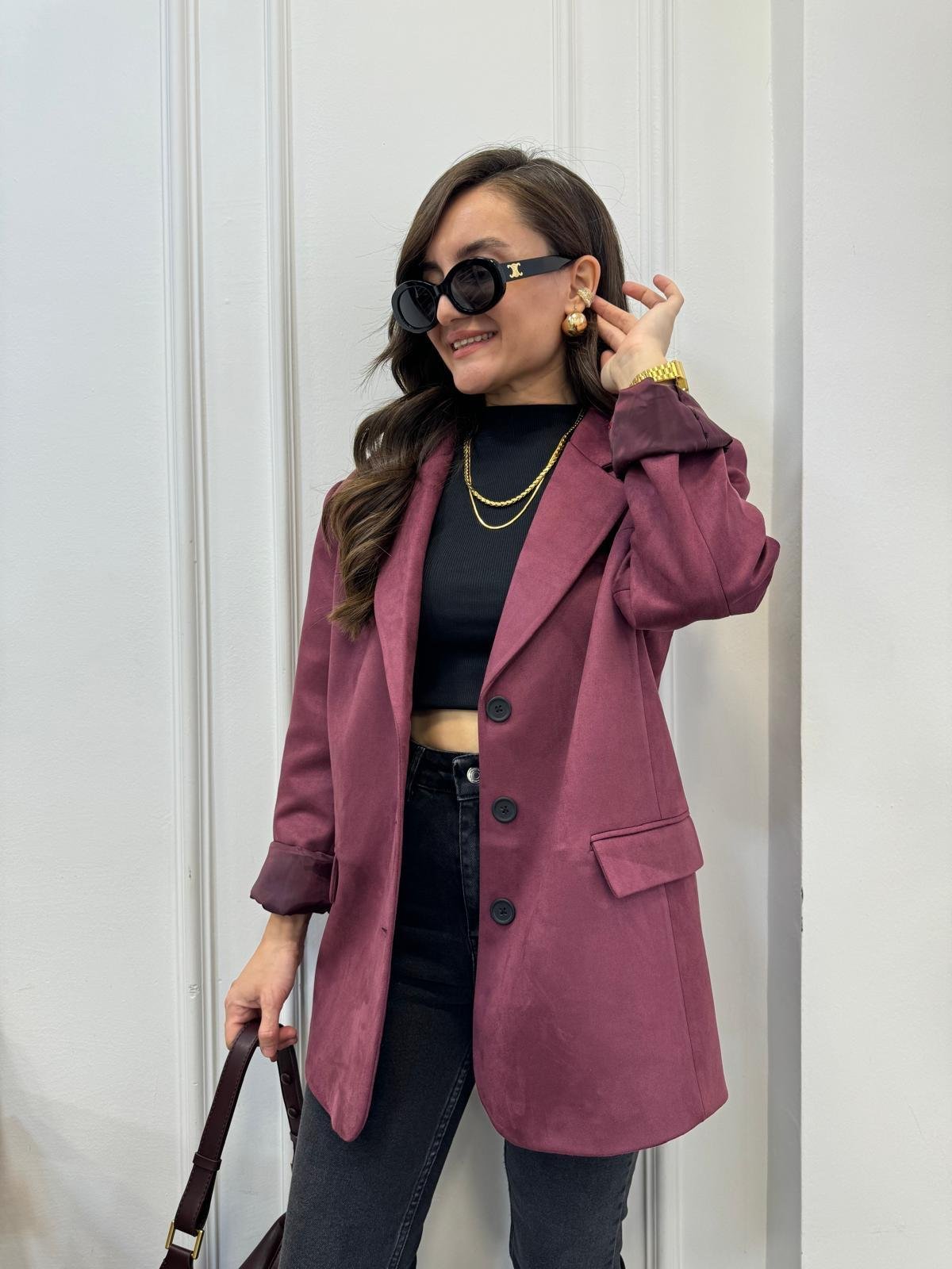 Bordo Premium Seri Çift Cepli Süet Blazer Ceket 2509