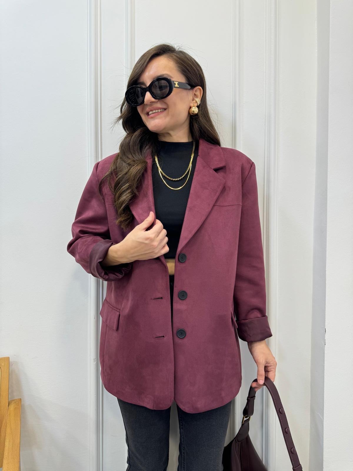 Bordo Premium Seri Çift Cepli Süet Blazer Ceket 2509