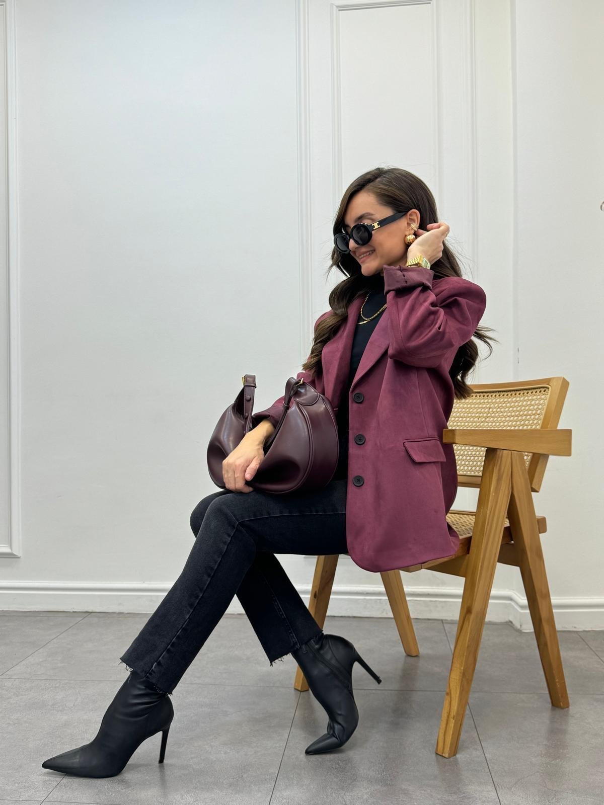 Bordo Premium Seri Çift Cepli Süet Blazer Ceket 2509