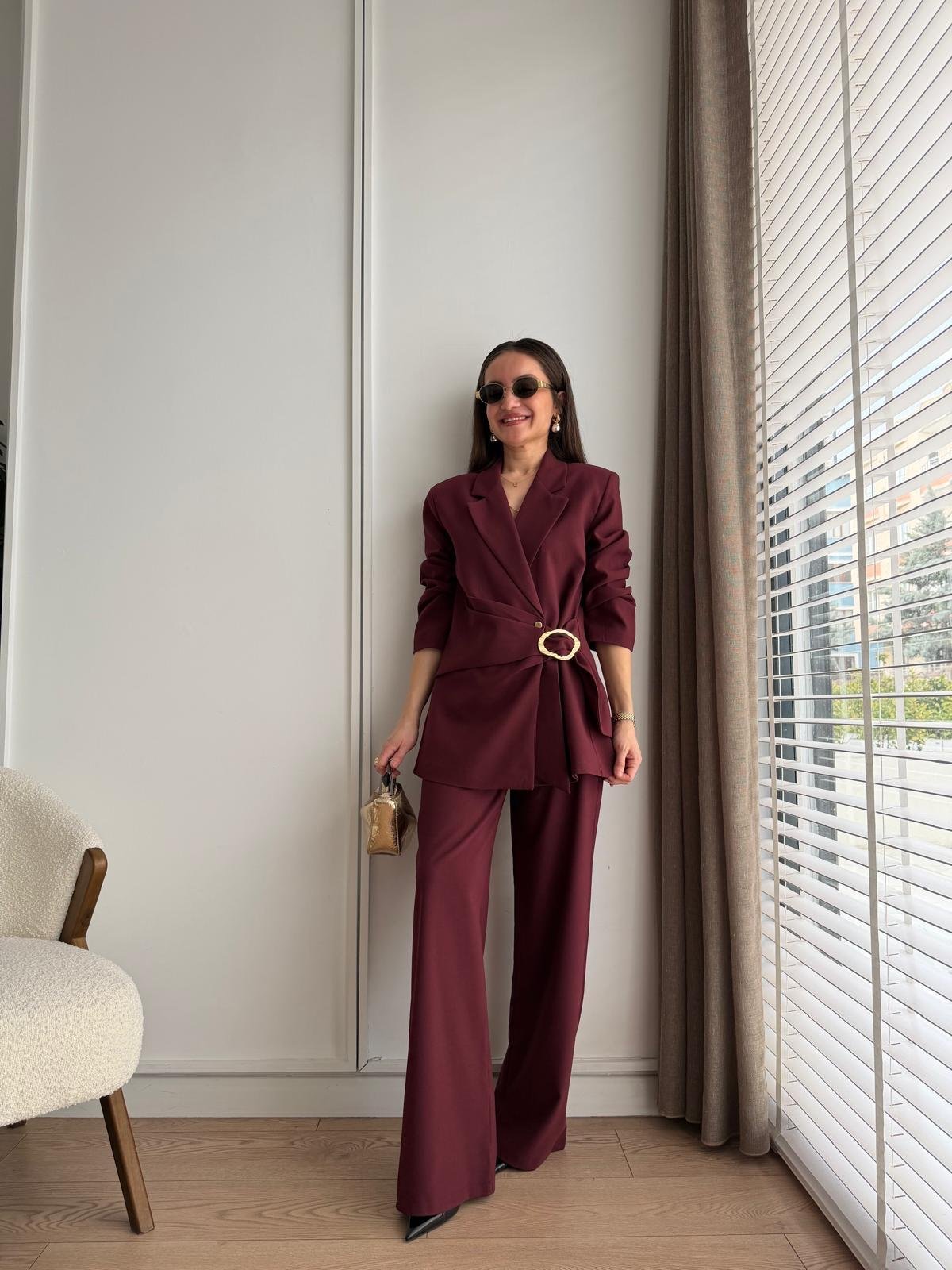 Bordo Premium Seri Toka Detaylı Yan Bağlamalı Takım 9279