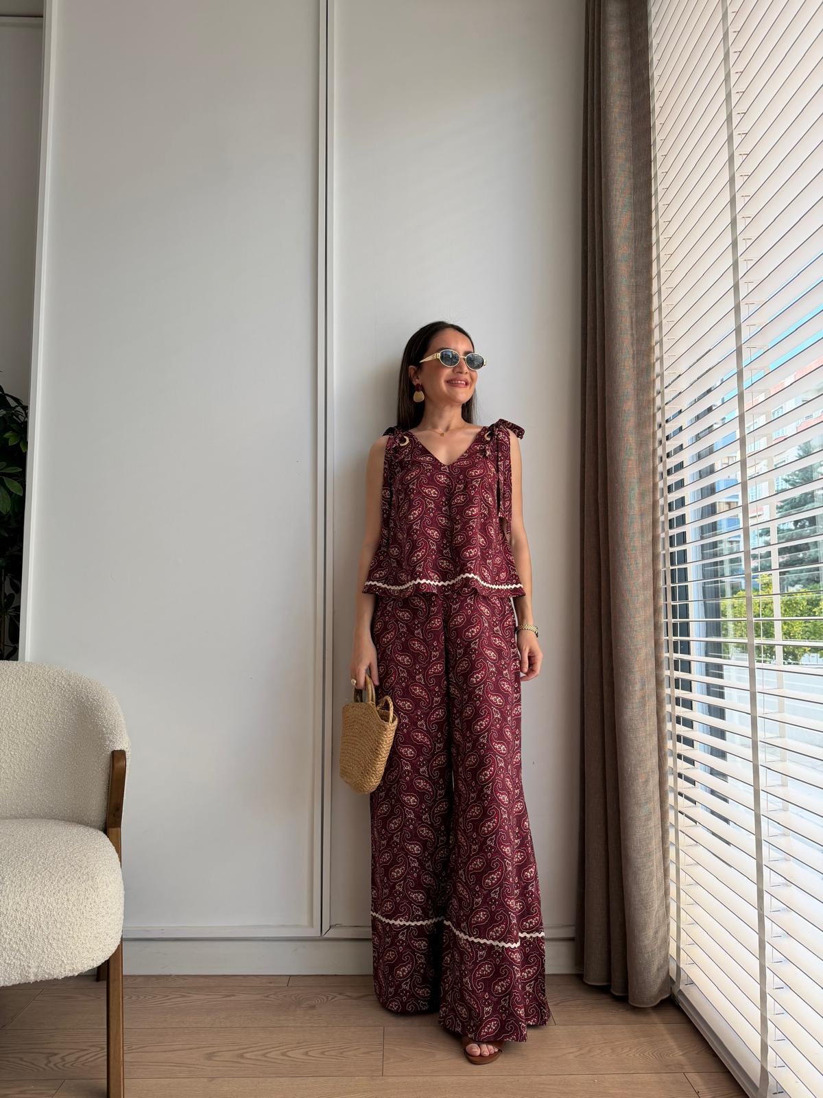 Bordo Şal Desenli Bluz Pantolon Takım 03051