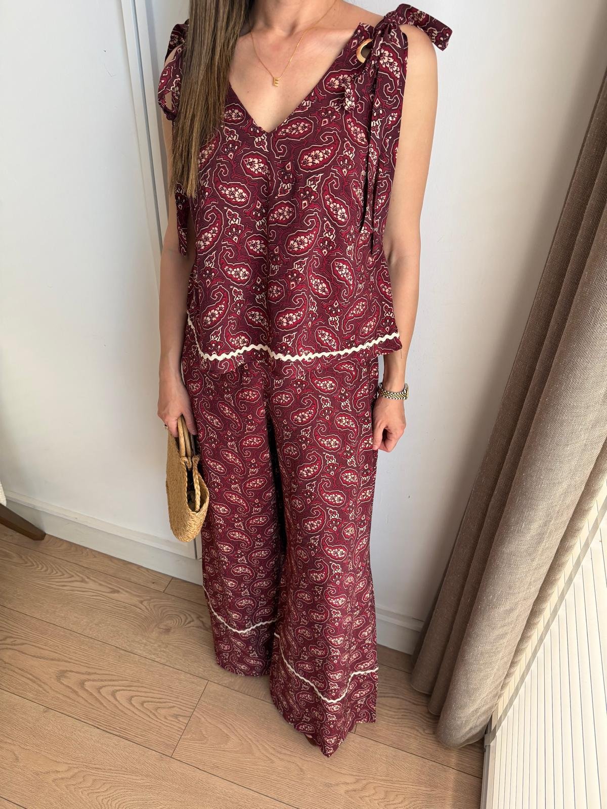 Bordo Şal Desenli Bluz Pantolon Takım 03051