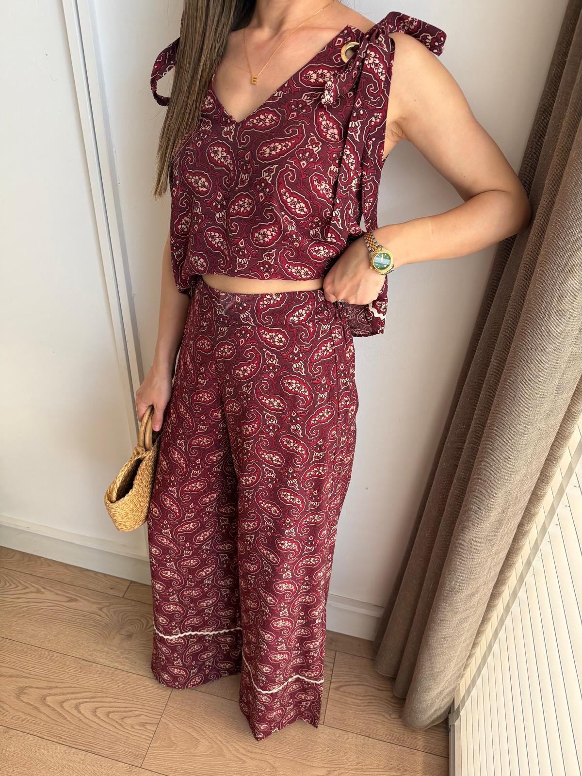 Bordo Şal Desenli Bluz Pantolon Takım 03051