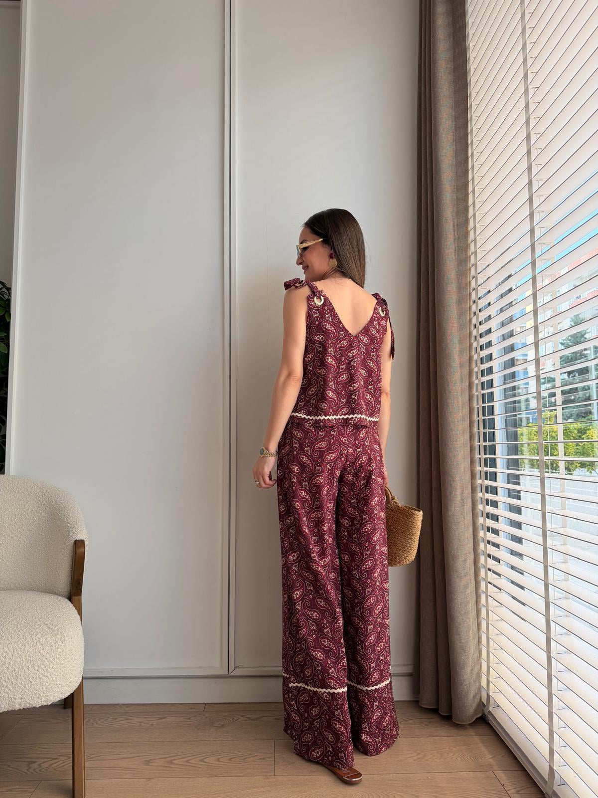 Bordo Şal Desenli Bluz Pantolon Takım 03051