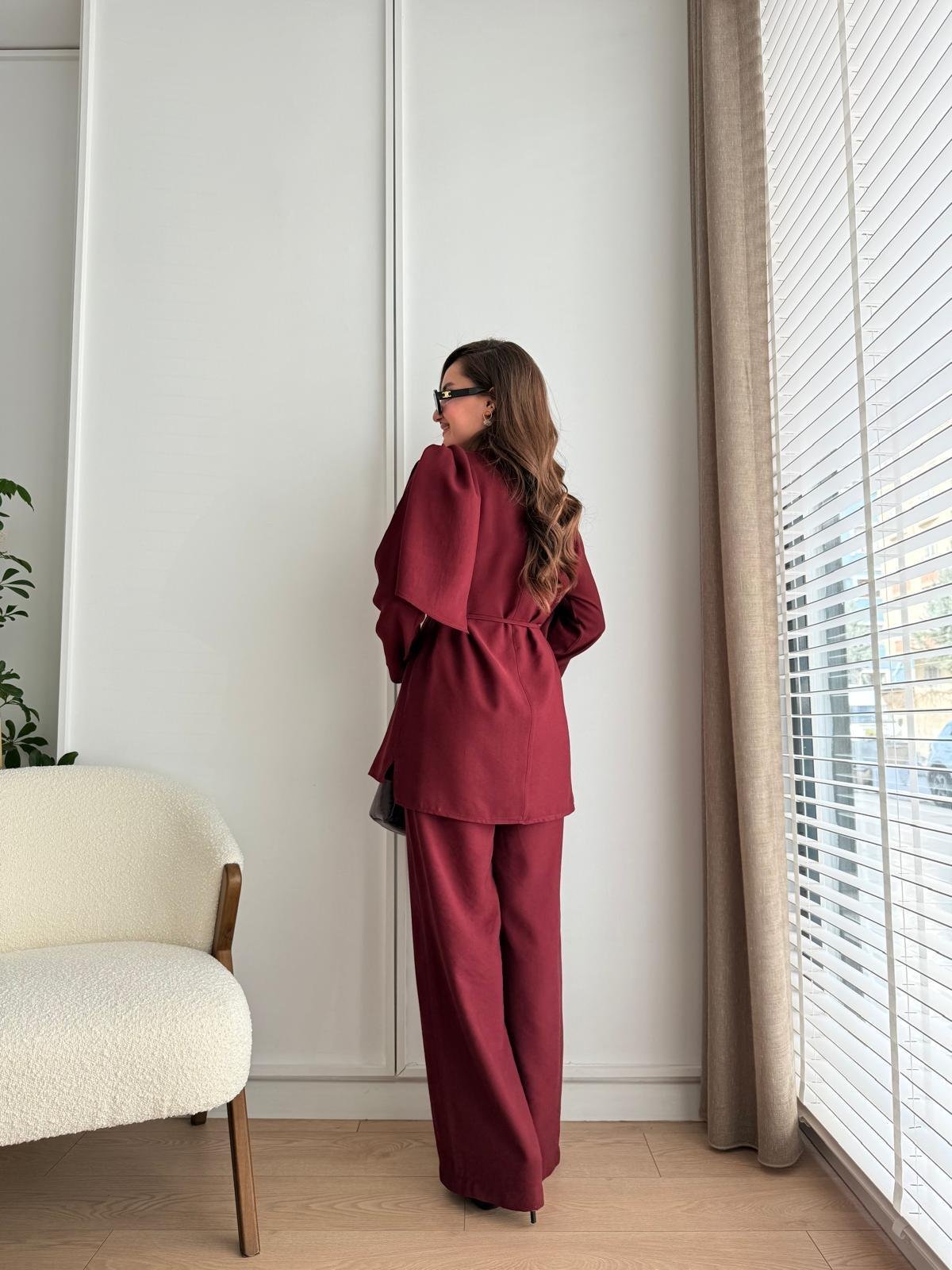 Bordo Şal Yaka Tasarım Bluz Pantolon Takım 8625