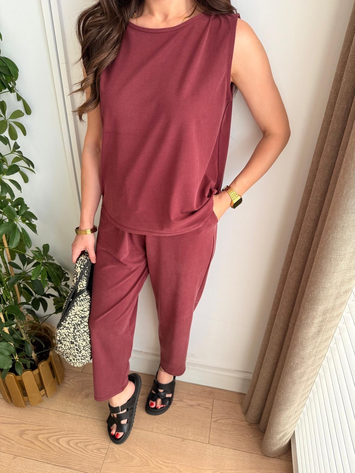 Bordo Sıfır Kol Bluz Pantolon Takım 4747