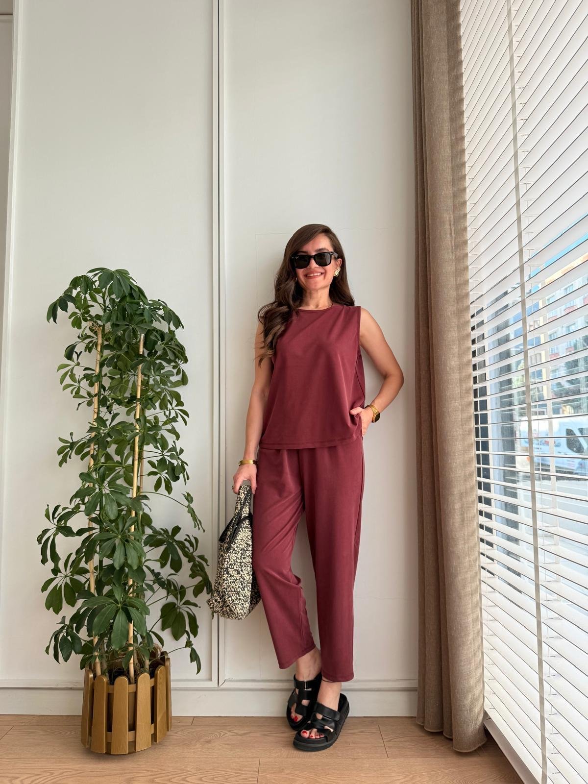 Bordo Sıfır Kol Bluz Pantolon Takım 4747