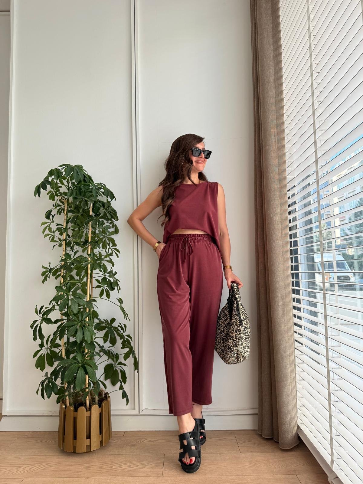 Bordo Sıfır Kol Bluz Pantolon Takım 4747
