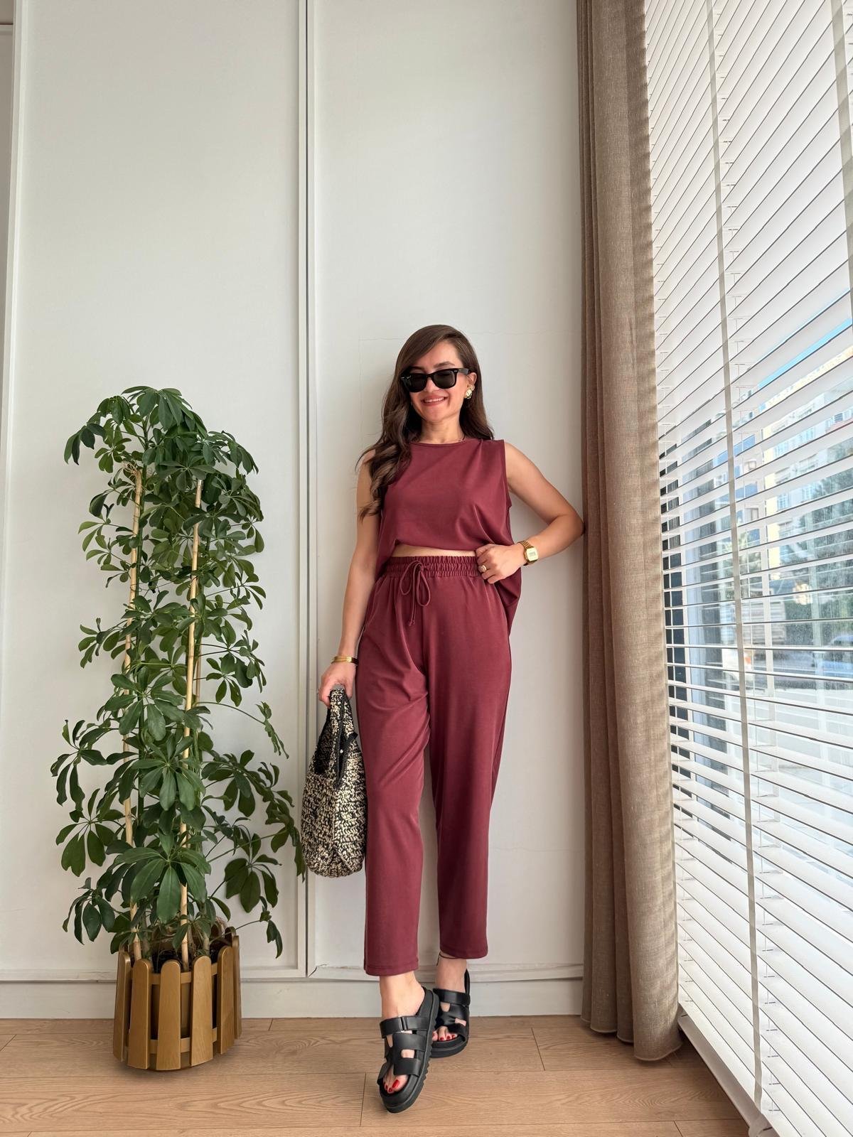 Bordo Sıfır Kol Bluz Pantolon Takım 4747