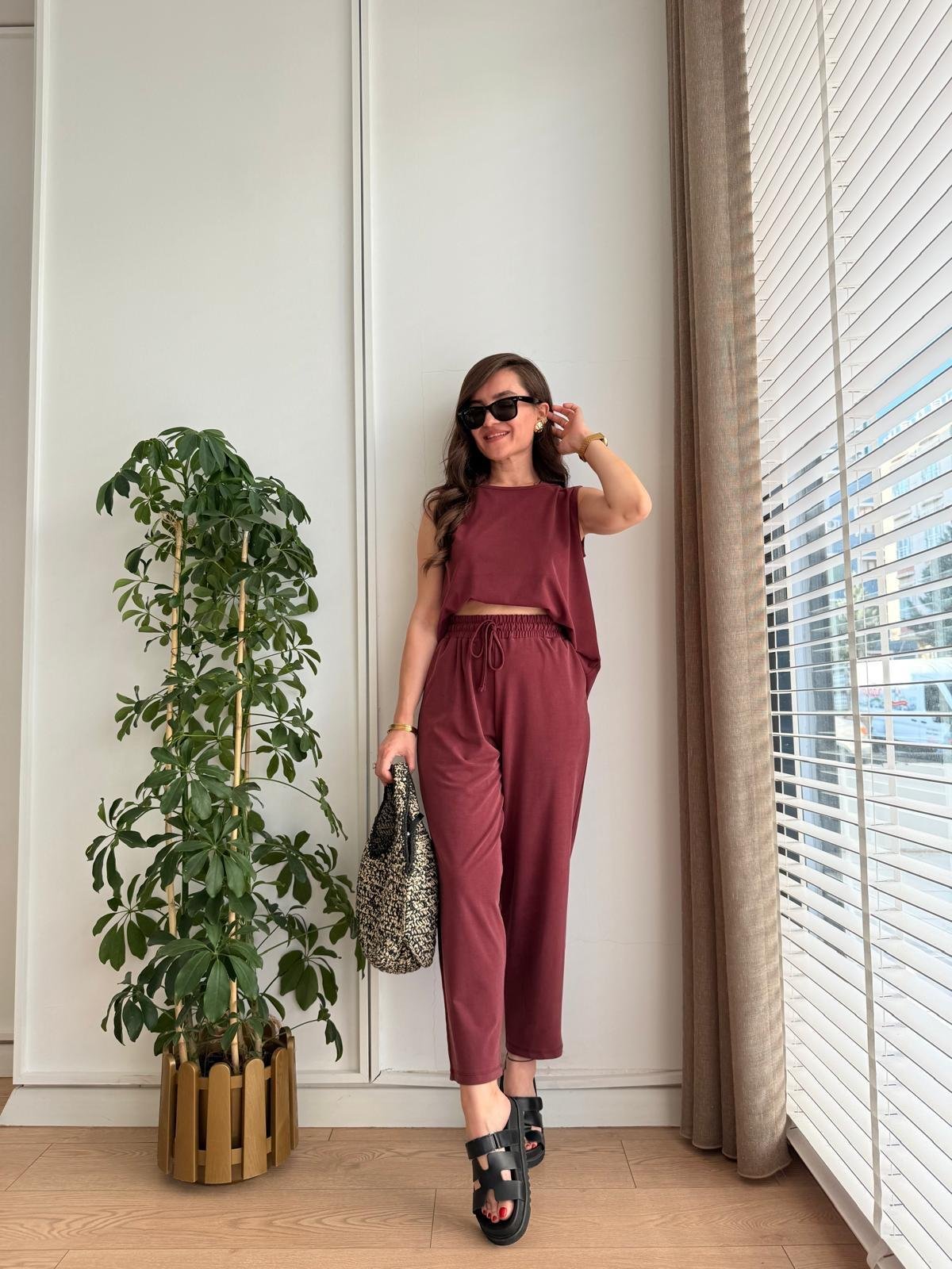 Bordo Sıfır Kol Bluz Pantolon Takım 4747