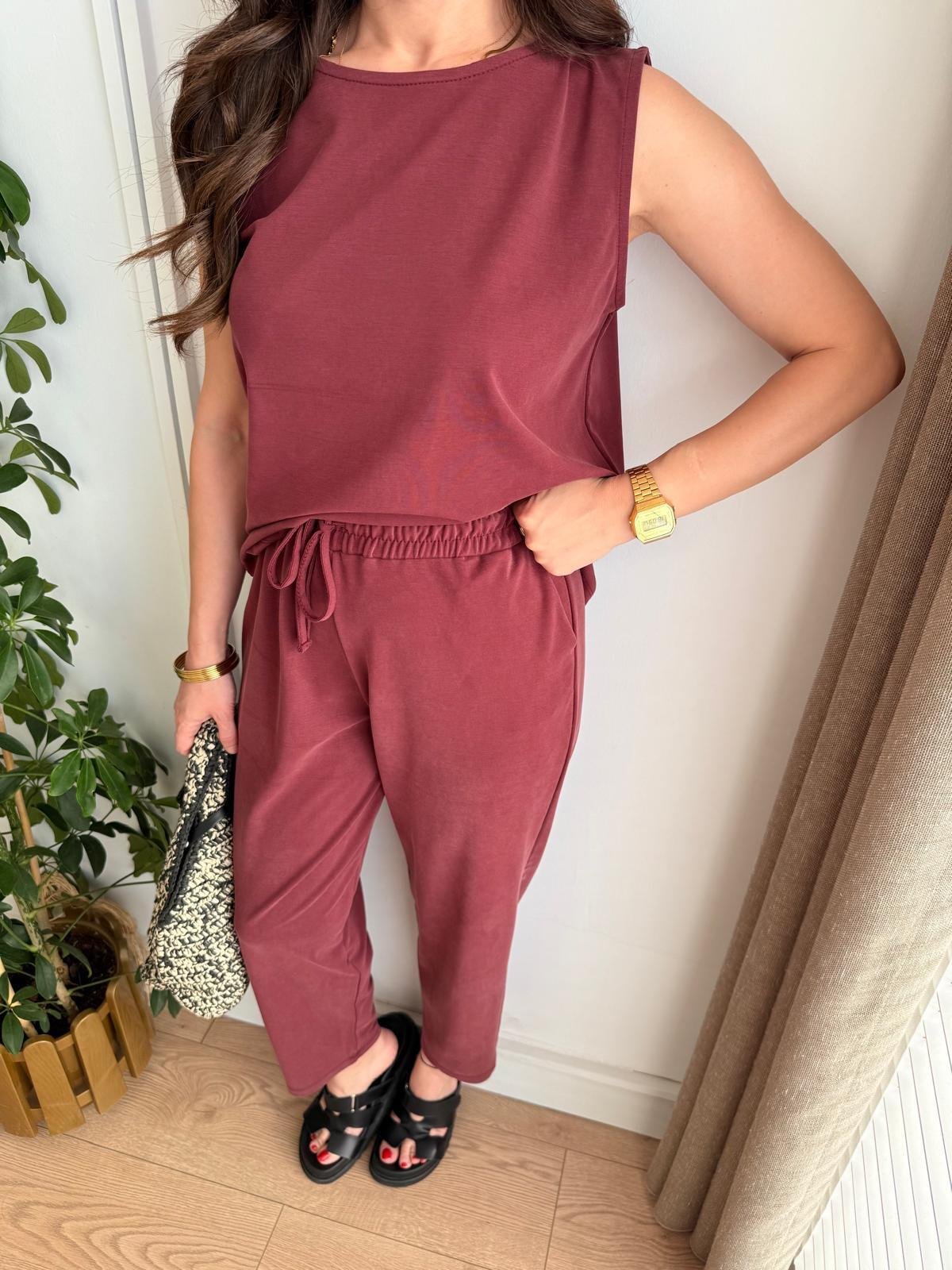 Bordo Sıfır Kol Bluz Pantolon Takım 4747