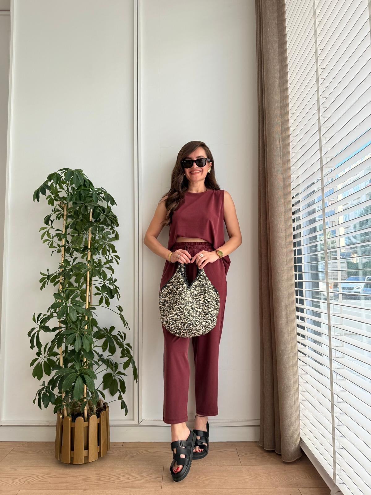 Bordo Sıfır Kol Bluz Pantolon Takım 4747