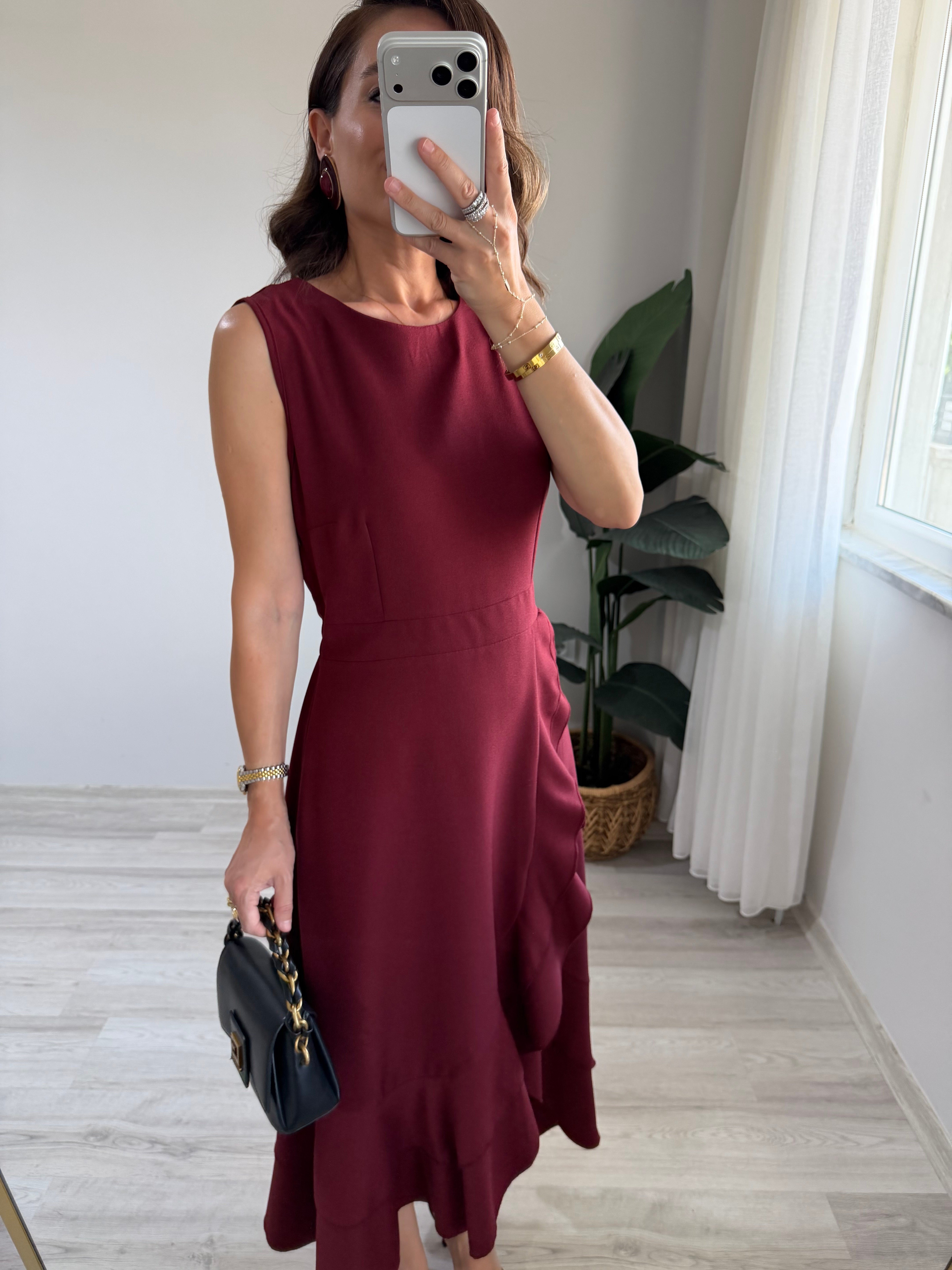 Bordo Sıfır Kol Volanlı Krep Elbise 2800