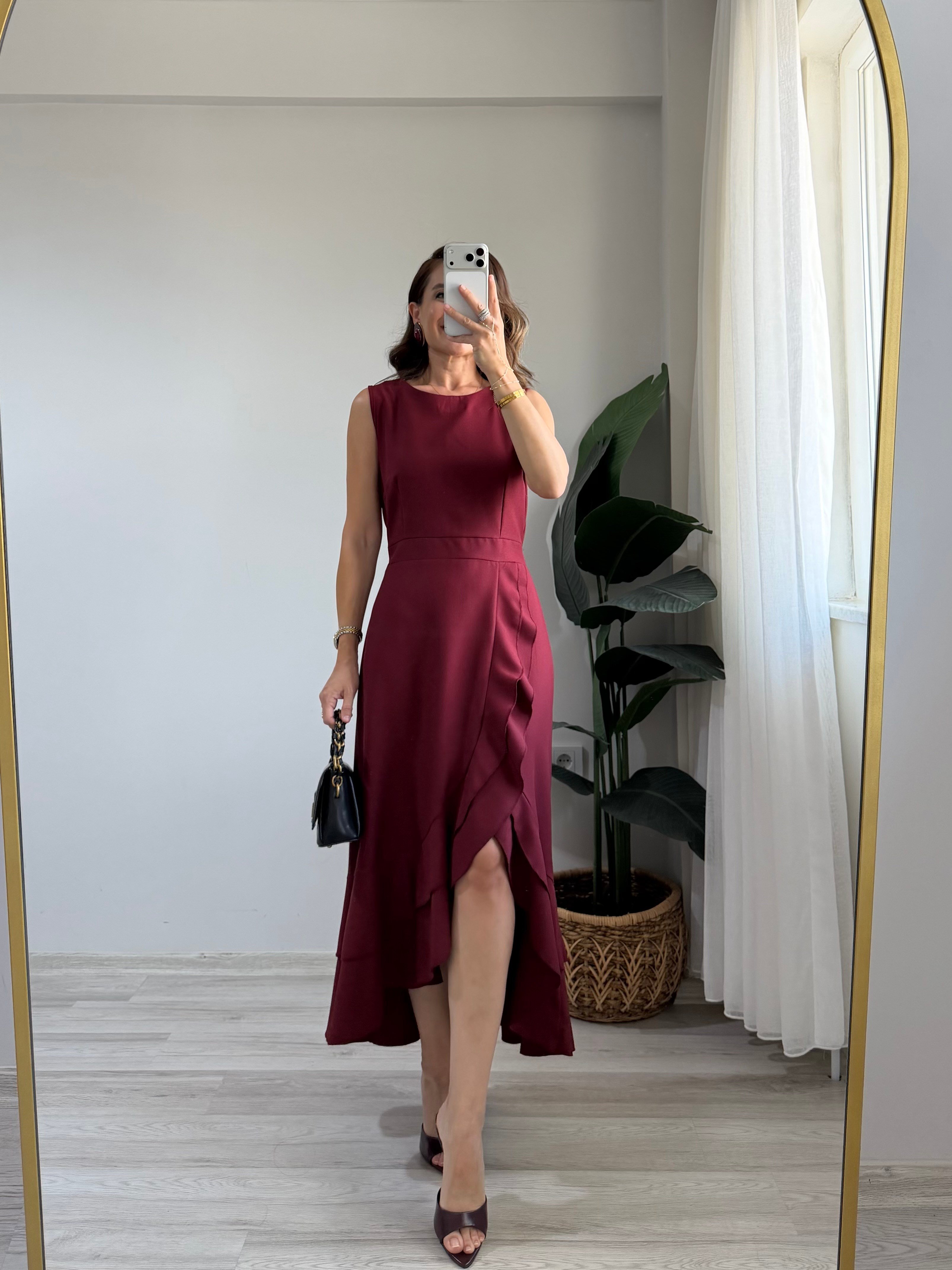 Bordo Sıfır Kol Volanlı Krep Elbise 2800