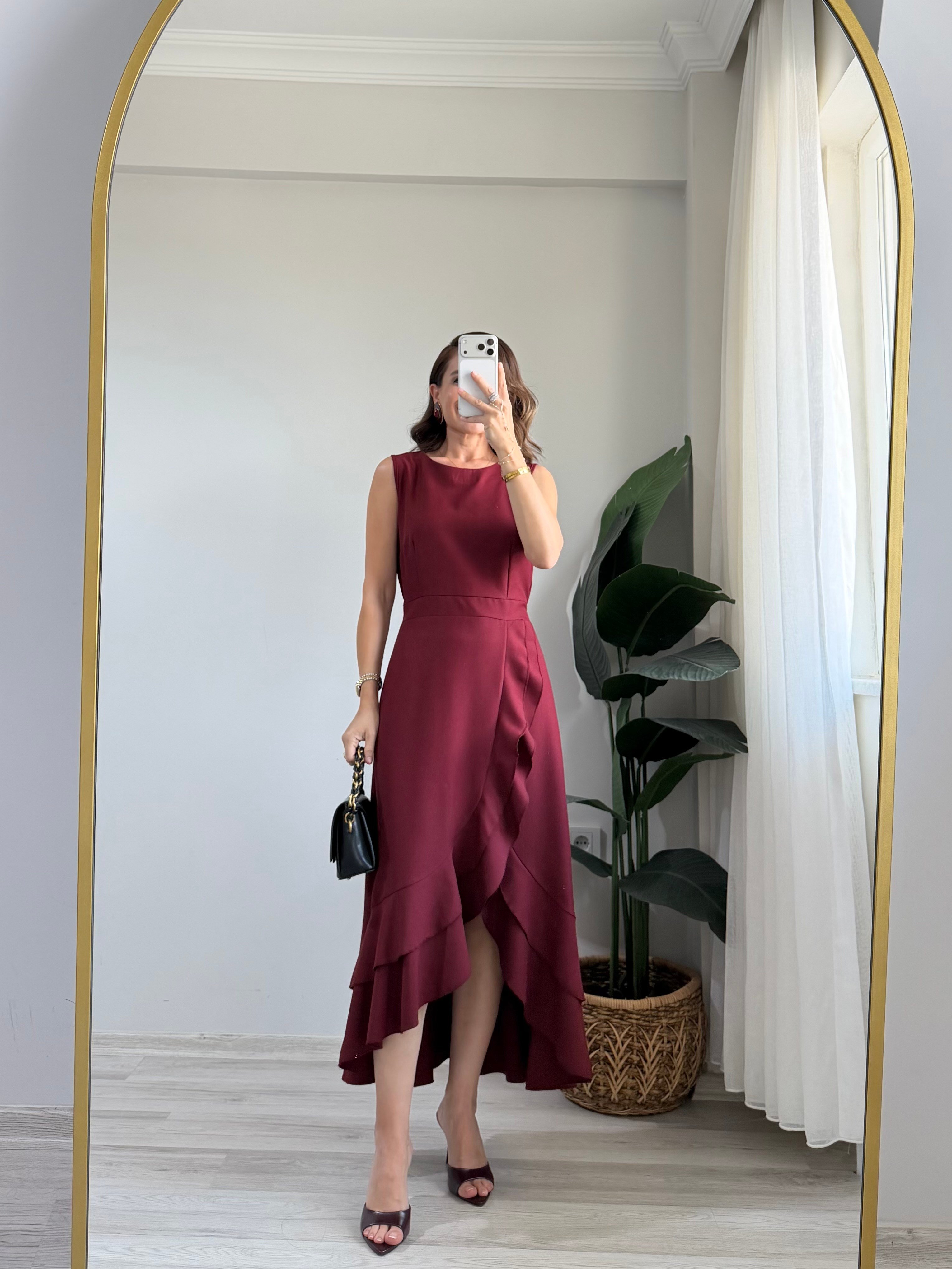 Bordo Sıfır Kol Volanlı Krep Elbise 2800