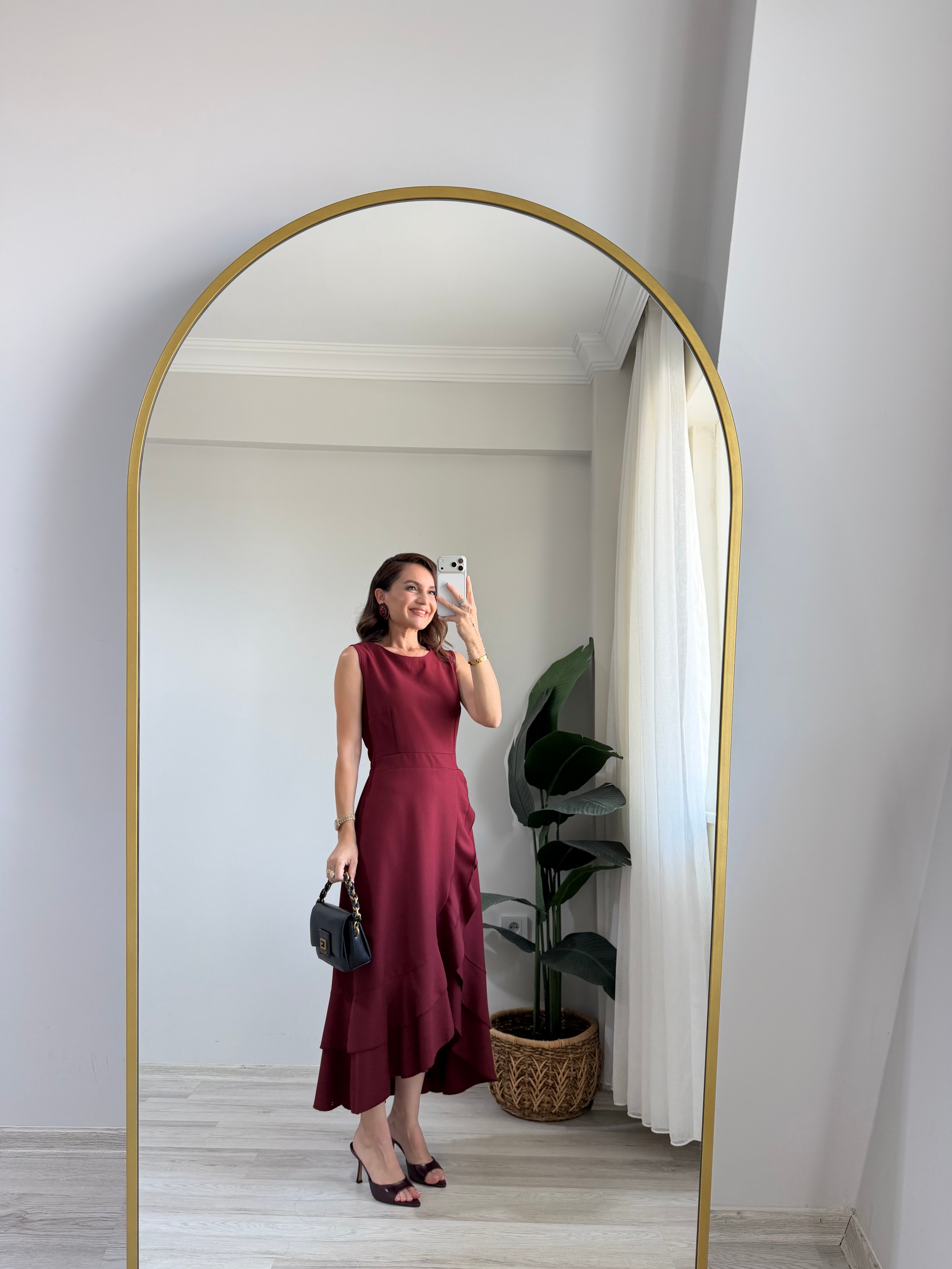 Bordo Sıfır Kol Volanlı Krep Elbise 2800