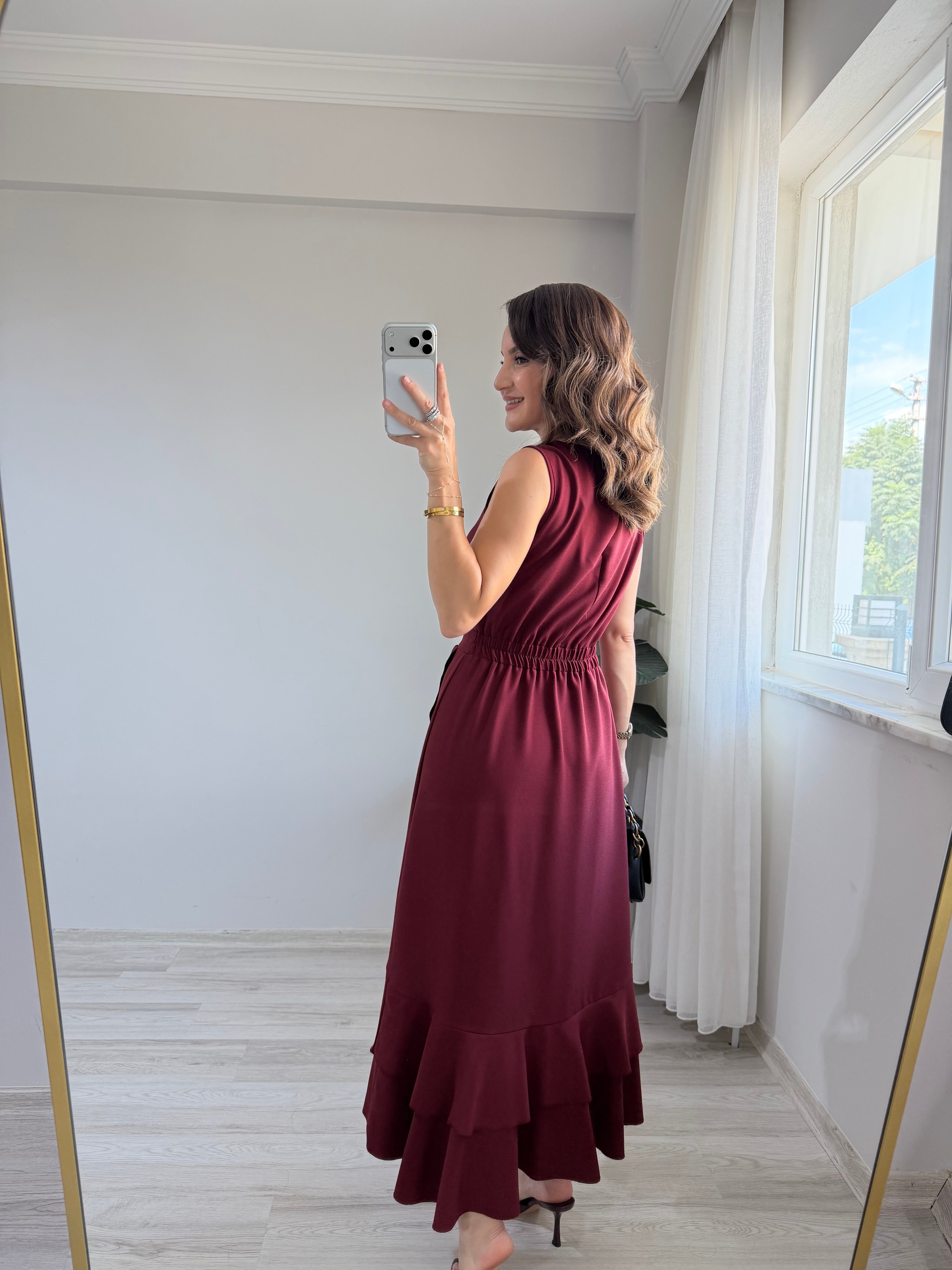 Bordo Sıfır Kol Volanlı Krep Elbise 2800
