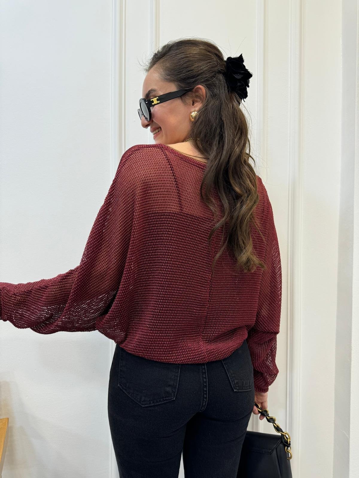 Bordo Sim Geçişli File Bluz 28432
