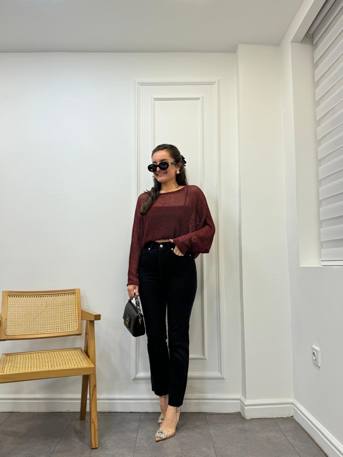Bordo Sim Geçişli File Bluz 28432