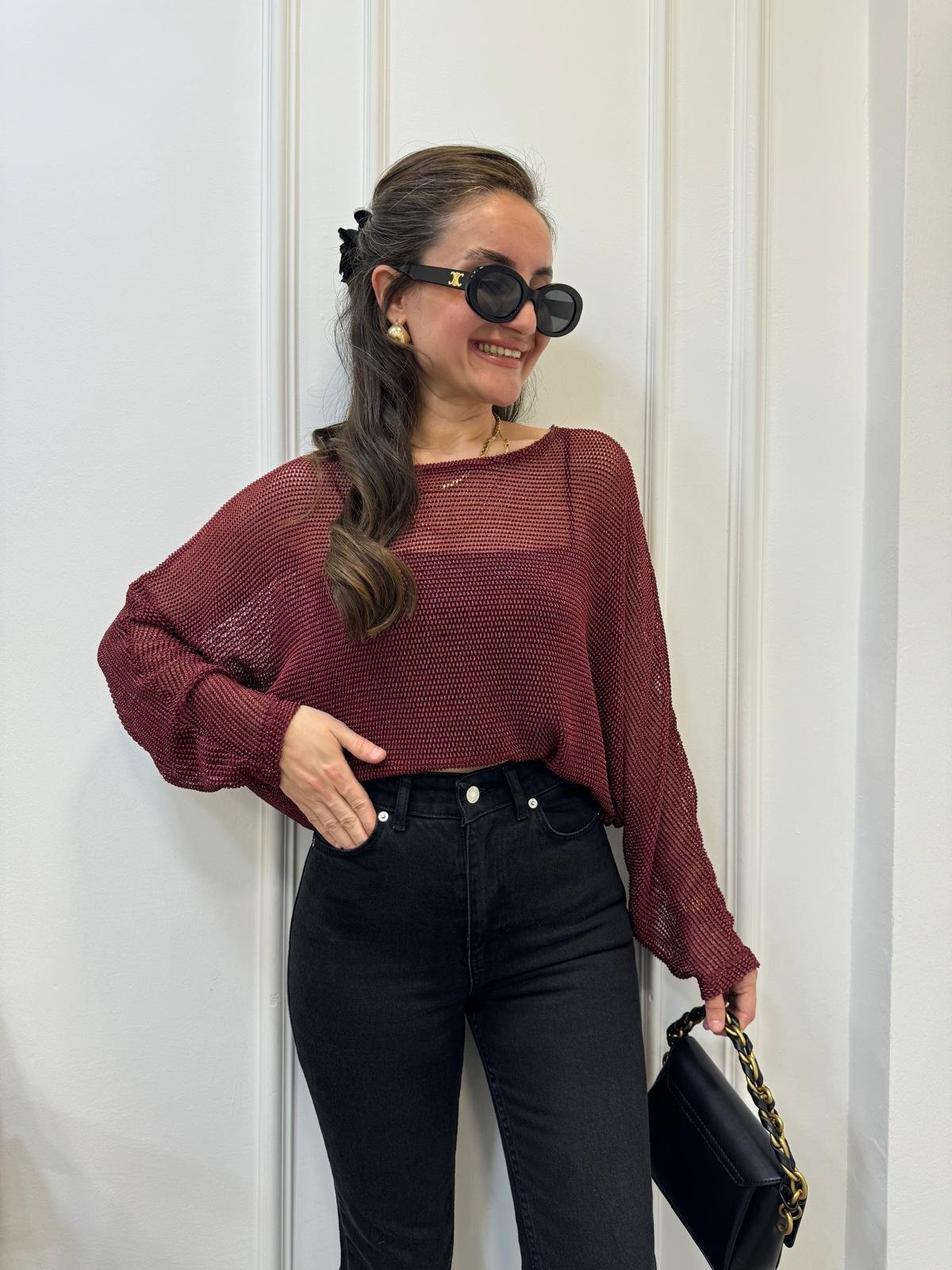 Bordo Sim Geçişli File Bluz 28432