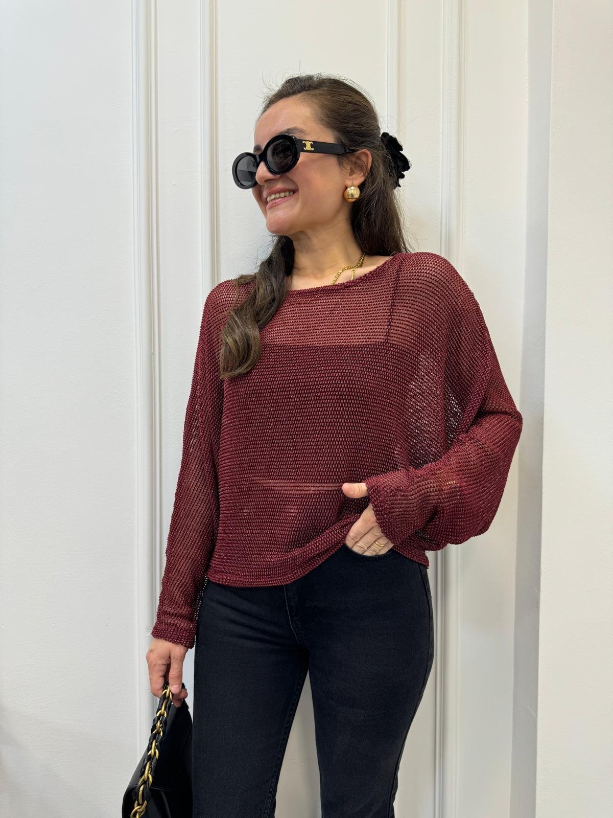 Bordo Sim Geçişli File Bluz 28432