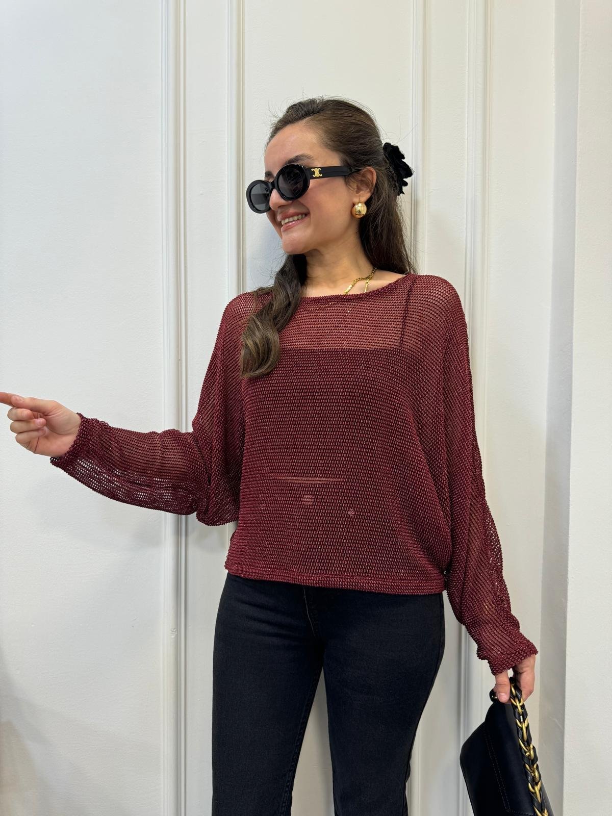 Bordo Sim Geçişli File Bluz 28432