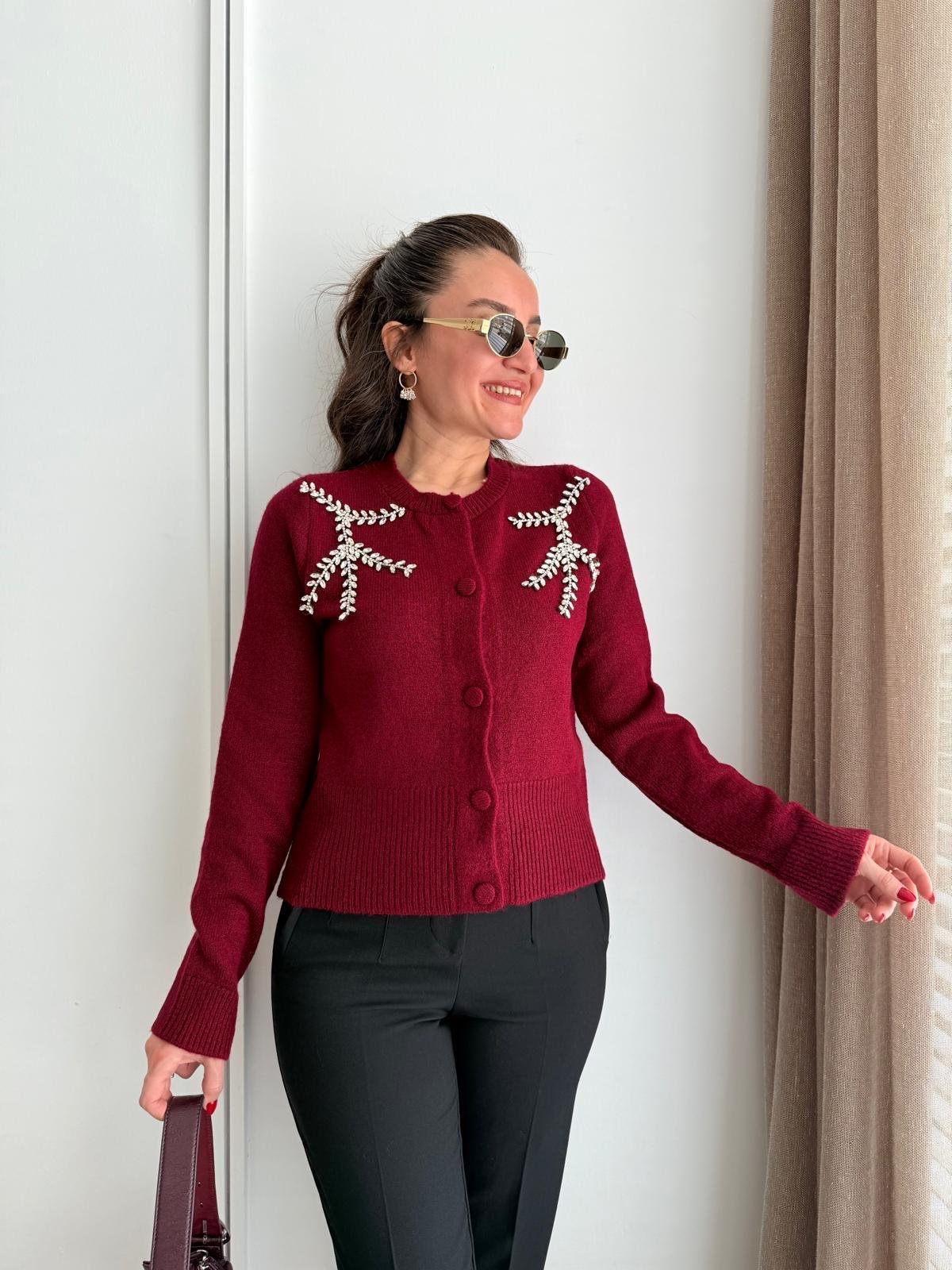 Bordo Taş Detaylı Triko Hırka 241155