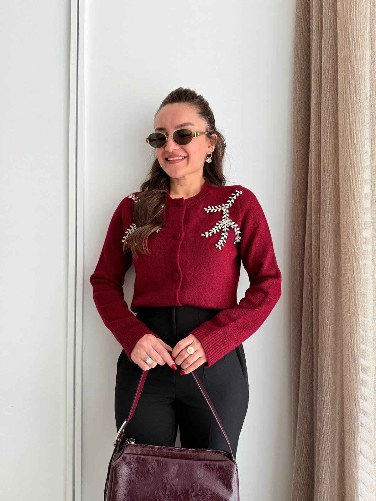 Bordo Taş Detaylı Triko Hırka 241155