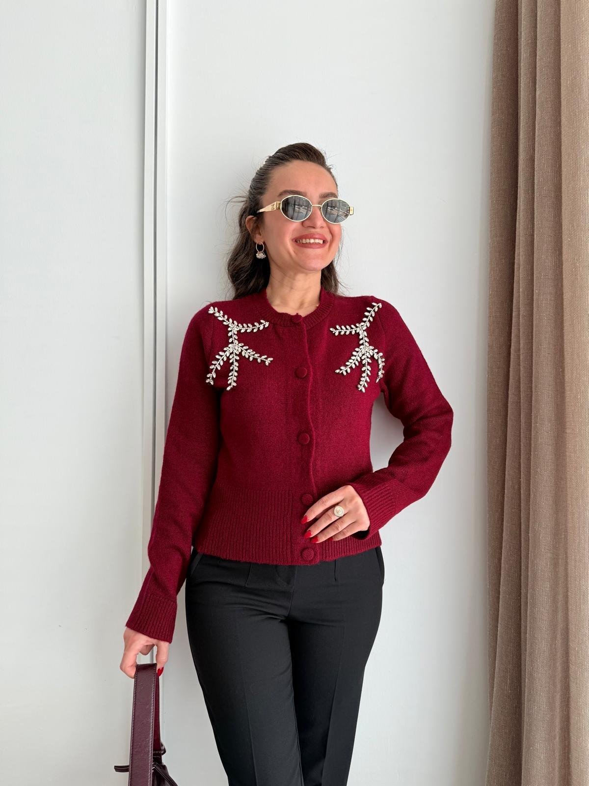 Bordo Taş Detaylı Triko Hırka 241155