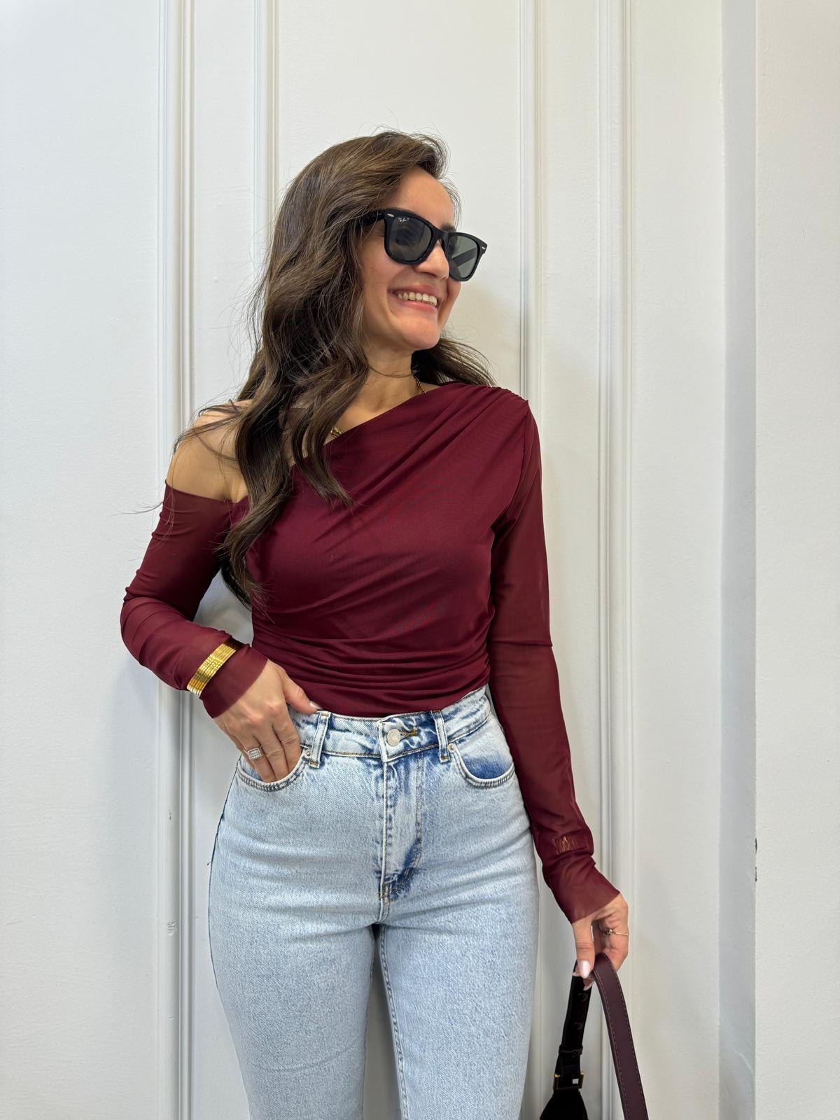 Bordo Tek Omuz Detaylı Yan Drapeli Tül Crop 3322