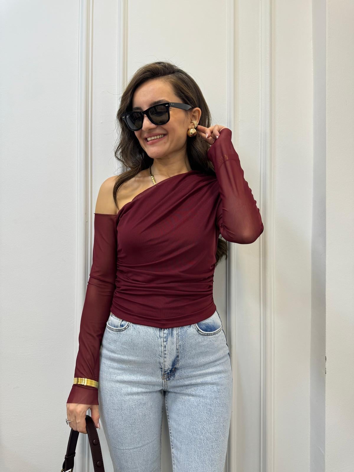 Bordo Tek Omuz Detaylı Yan Drapeli Tül Crop 3322