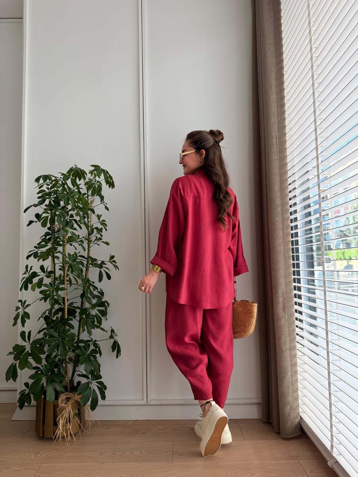 Bordo Tensel Kumaş Havuç Pantolon Gömlek Takım 8561