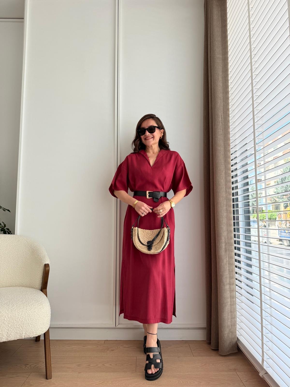 Bordo Tensel Kumaş Kemerli Yanları Yırtmaçlı Elbise 2287
