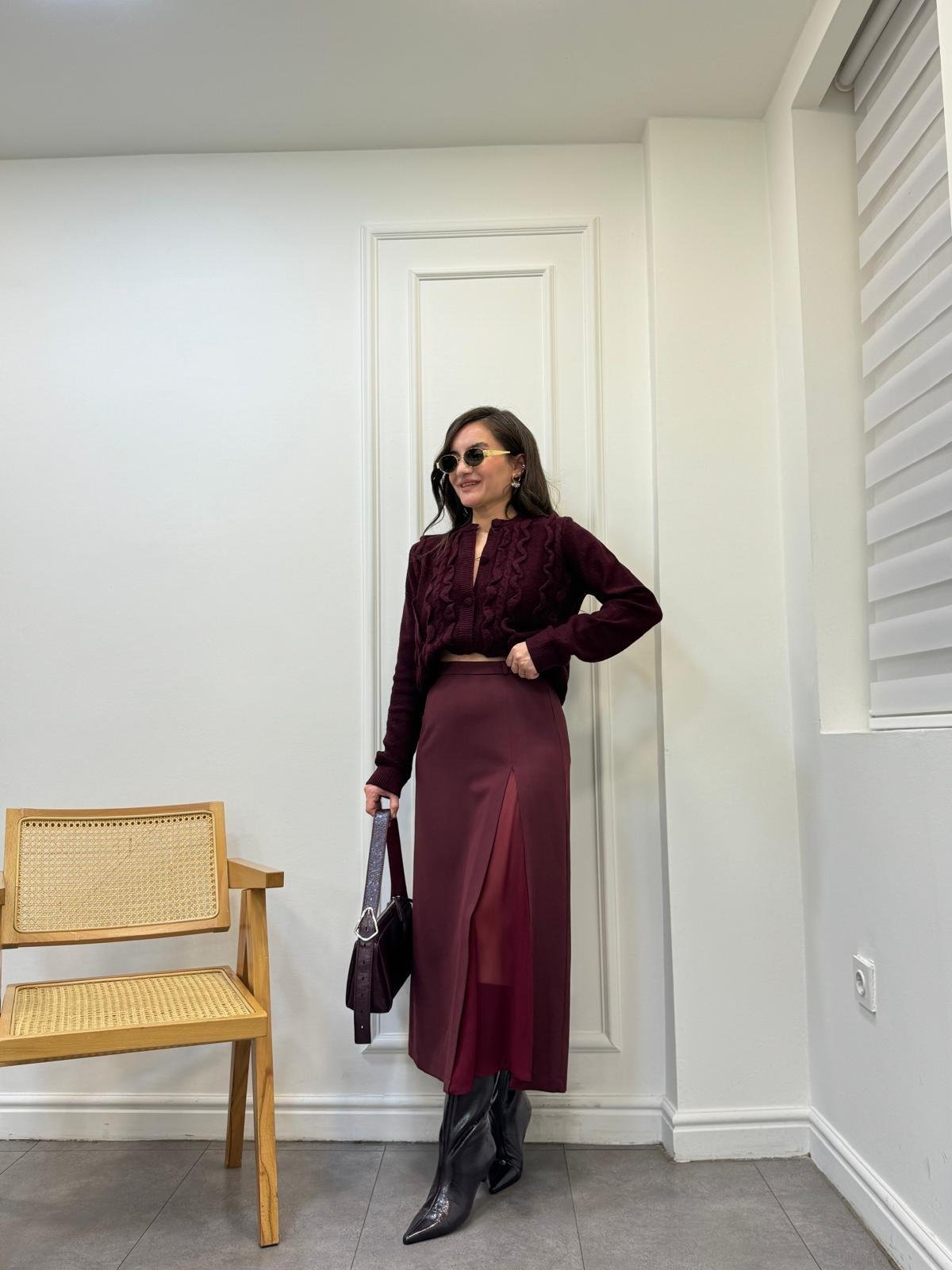 Bordo Transparan Yırtmaç Detaylı Etek 1099