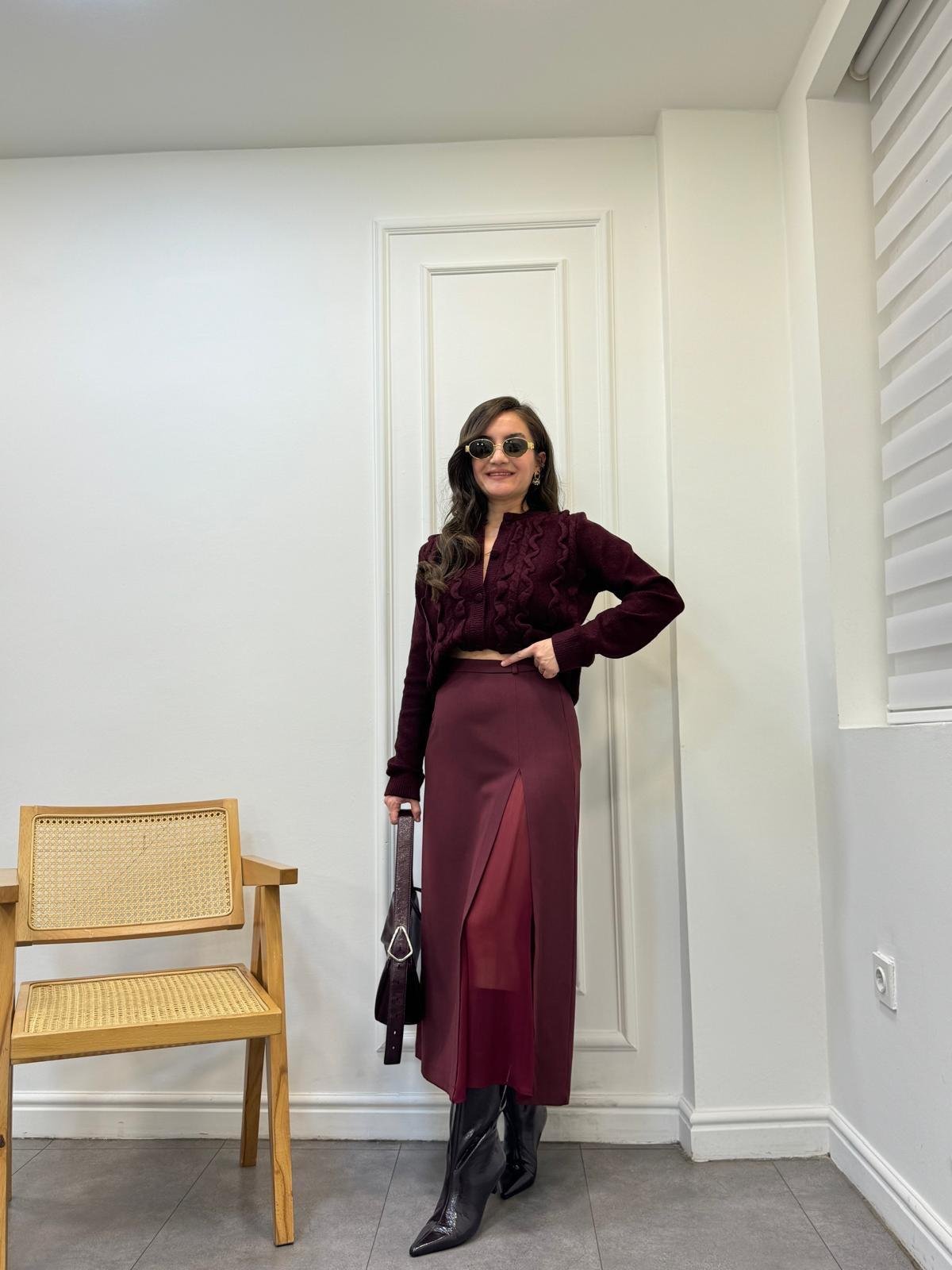 Bordo Transparan Yırtmaç Detaylı Etek 1099