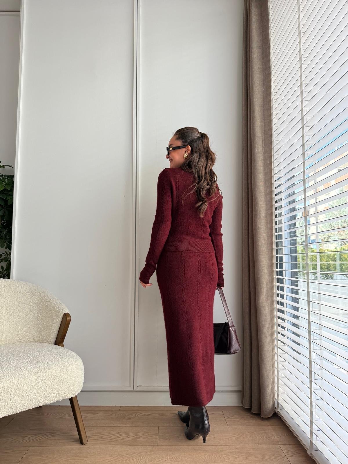 Bordo Triko Hırka Etek Takım 002
