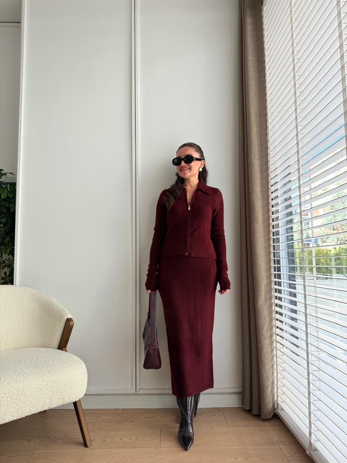 Bordo Triko Hırka Etek Takım 002