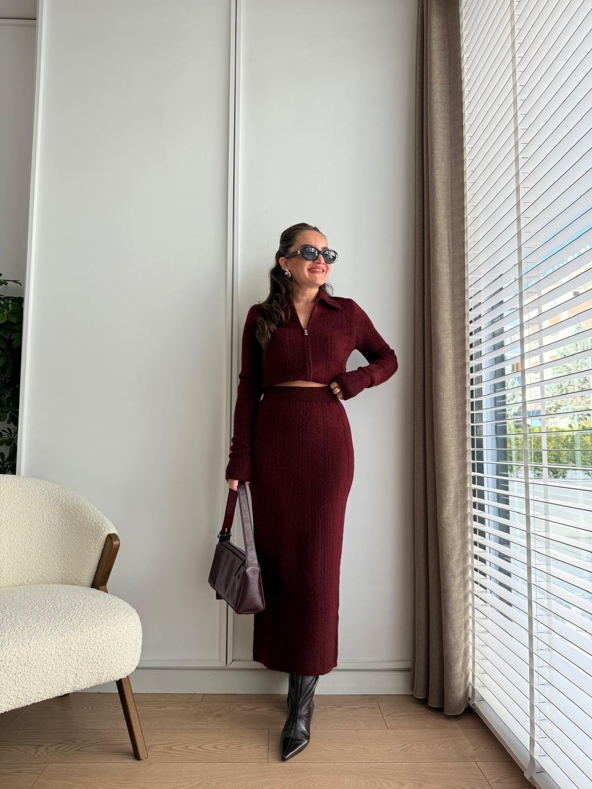 Bordo Triko Hırka Etek Takım 002